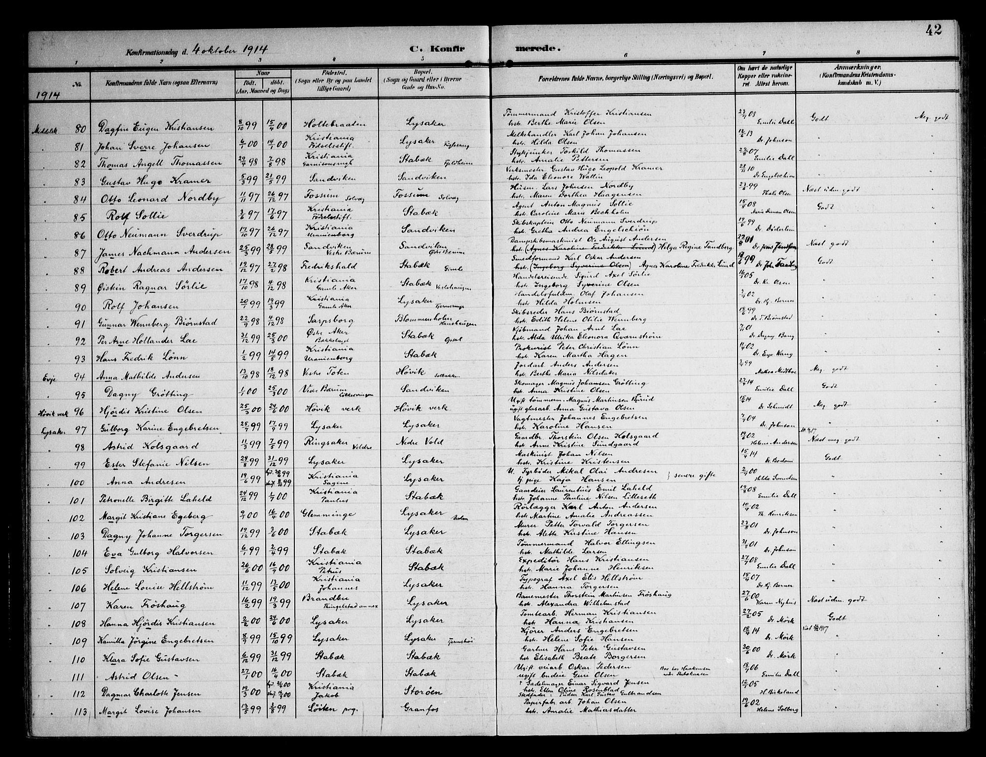 Østre Bærum prestekontor Kirkebøker, AV/SAO-A-10887/F/Fa/L0002: Parish register (official) no. 2, 1904-1924, p. 42