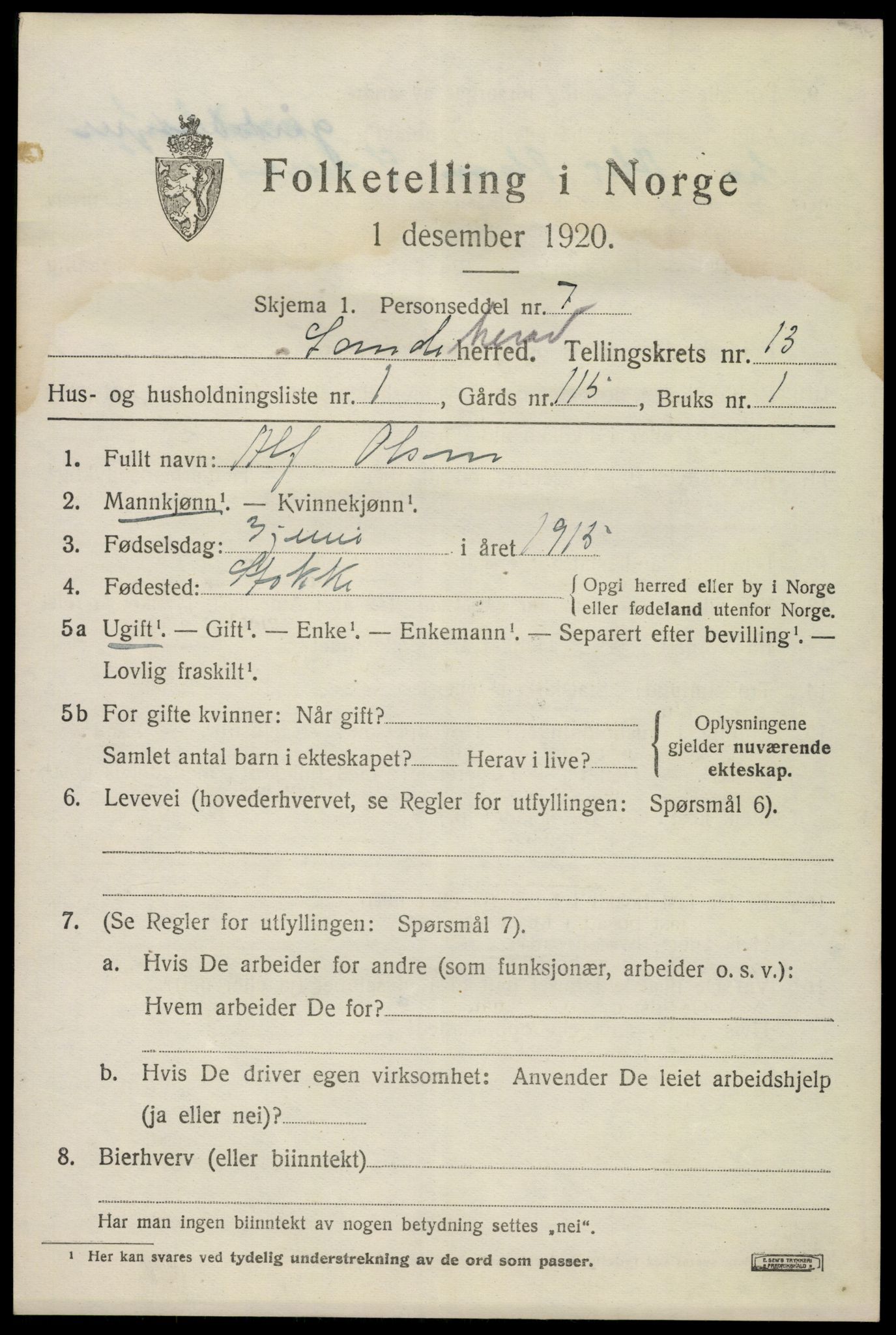 SAKO, 1920 census for Sandeherred, 1920, p. 19110