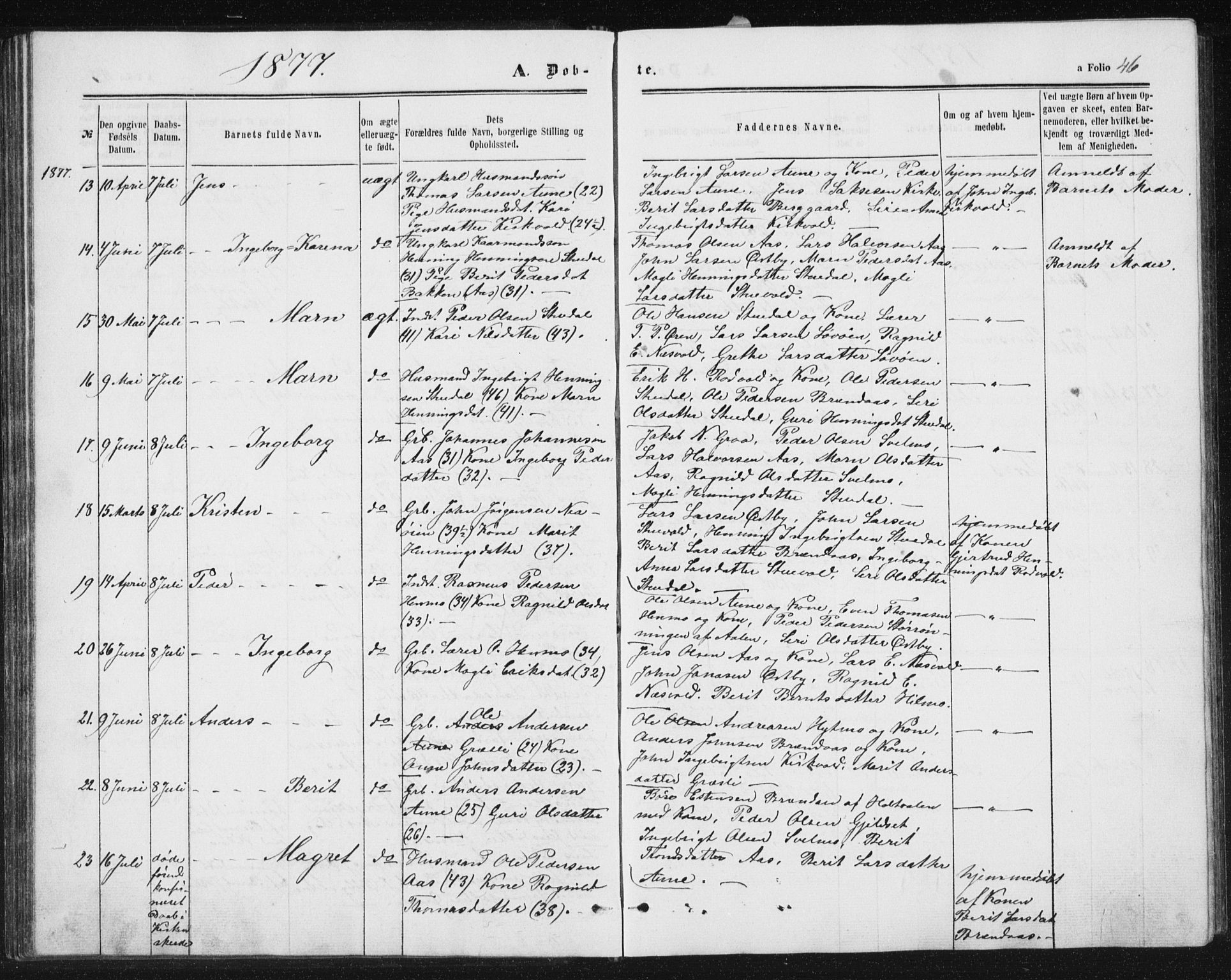Ministerialprotokoller, klokkerbøker og fødselsregistre - Sør-Trøndelag, SAT/A-1456/698/L1166: Parish register (copy) no. 698C03, 1861-1887, p. 46