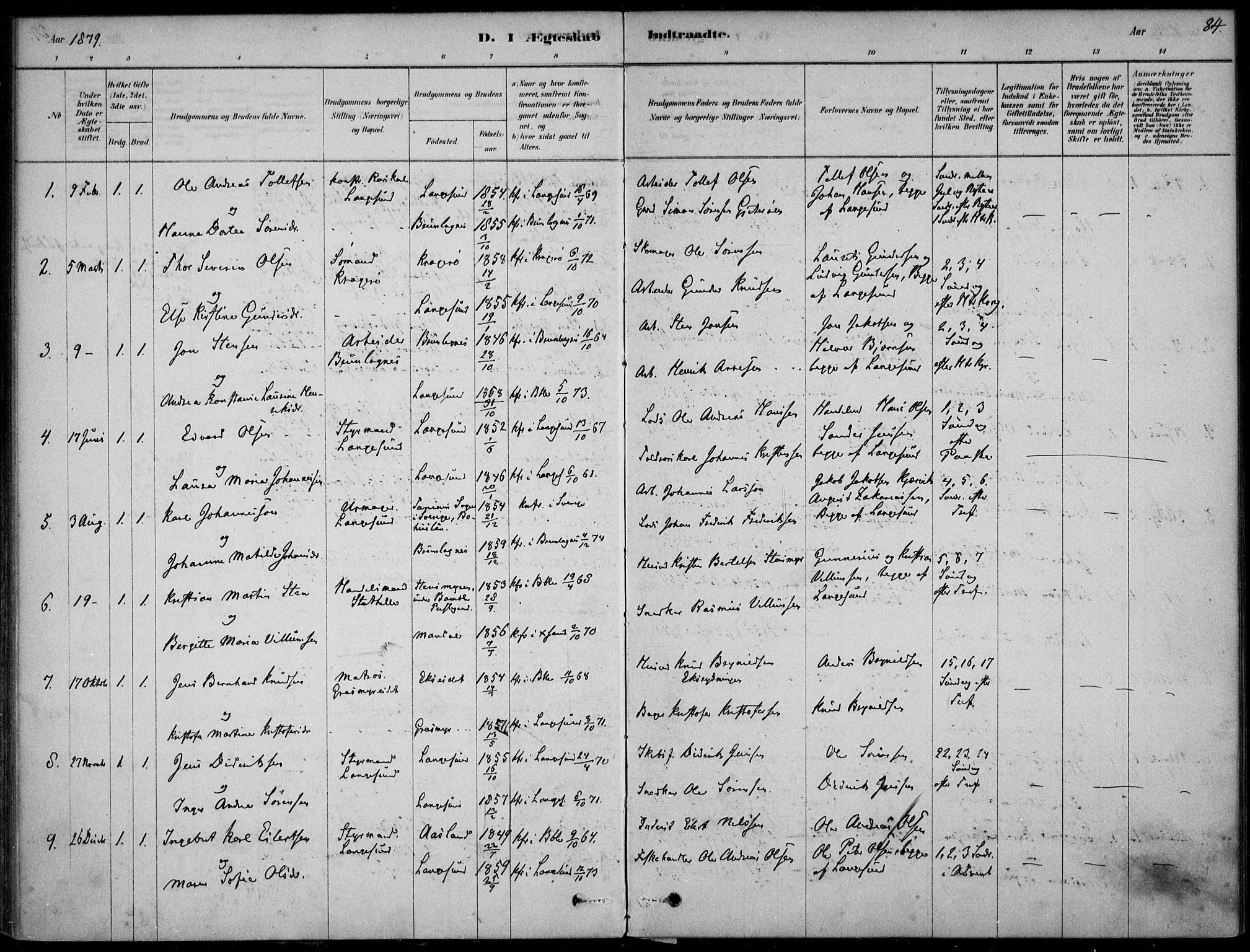 Langesund kirkebøker, AV/SAKO-A-280/F/Fa/L0002: Parish register (official) no. 2, 1878-1892, p. 84