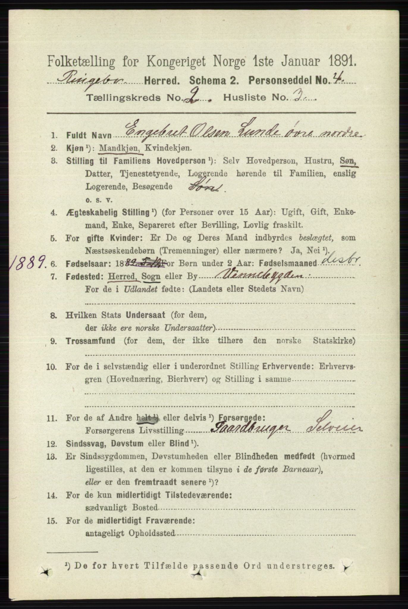 RA, 1891 census for 0520 Ringebu, 1891, p. 405