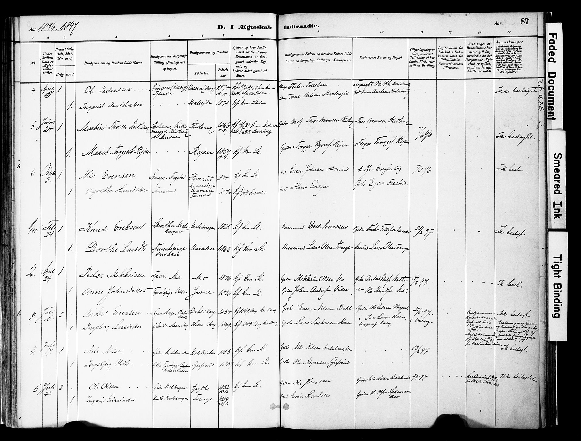 Vestre Slidre prestekontor, SAH/PREST-136/H/Ha/Haa/L0004: Parish register (official) no. 4, 1881-1911, p. 87