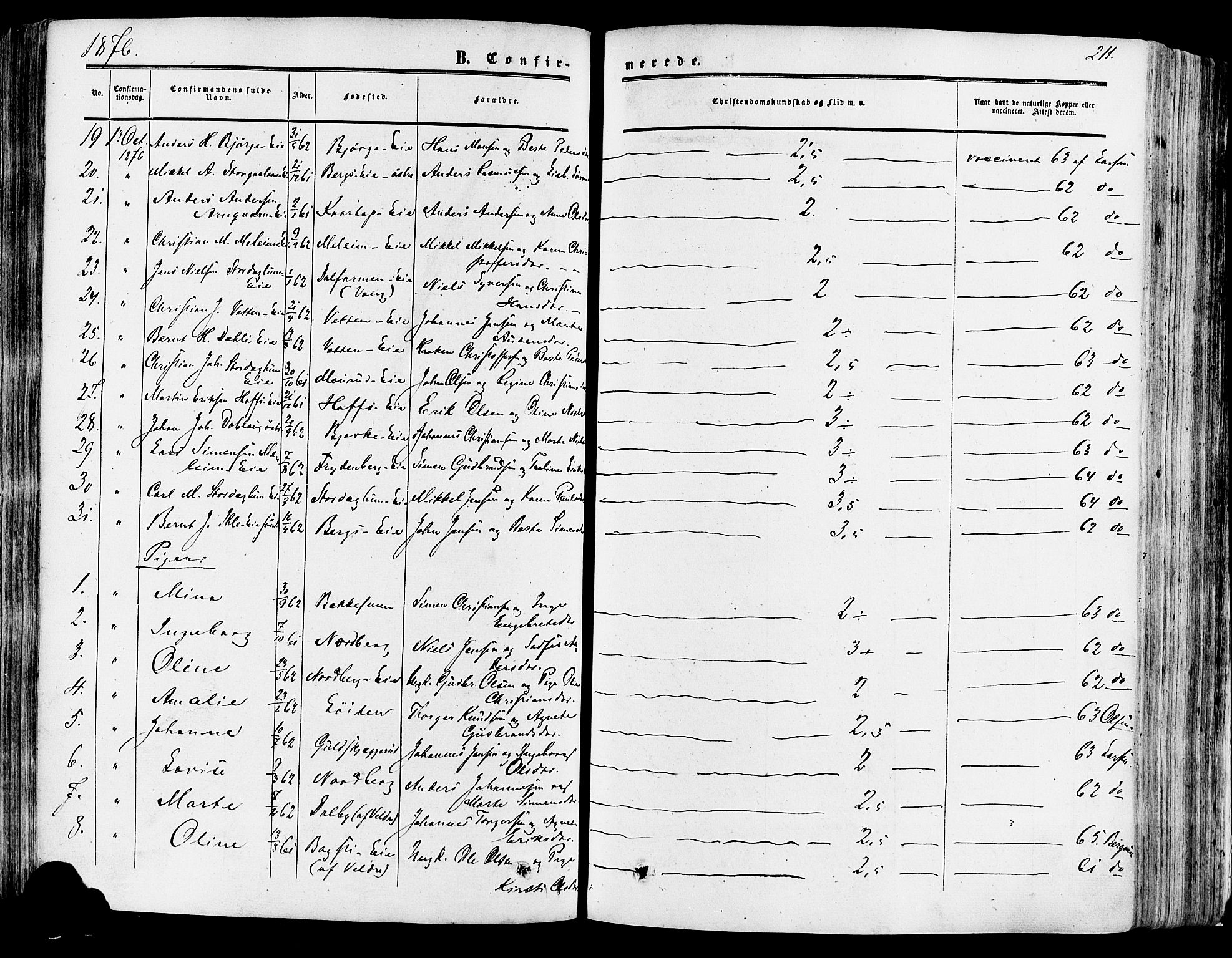 Vang prestekontor, Hedmark, AV/SAH-PREST-008/H/Ha/Haa/L0013: Parish register (official) no. 13, 1855-1879, p. 211