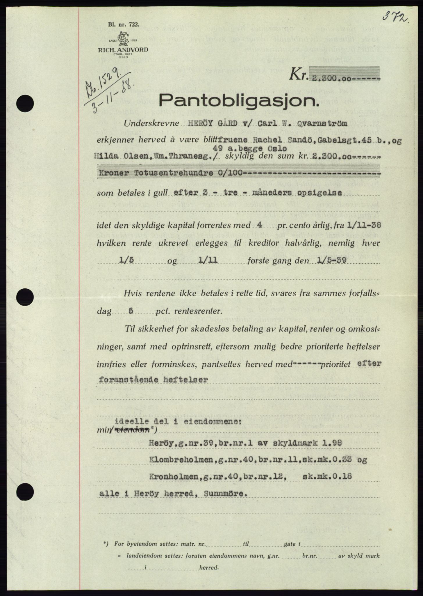 Søre Sunnmøre sorenskriveri, AV/SAT-A-4122/1/2/2C/L0066: Mortgage book no. 60, 1938-1938, Diary no: : 1529/1938