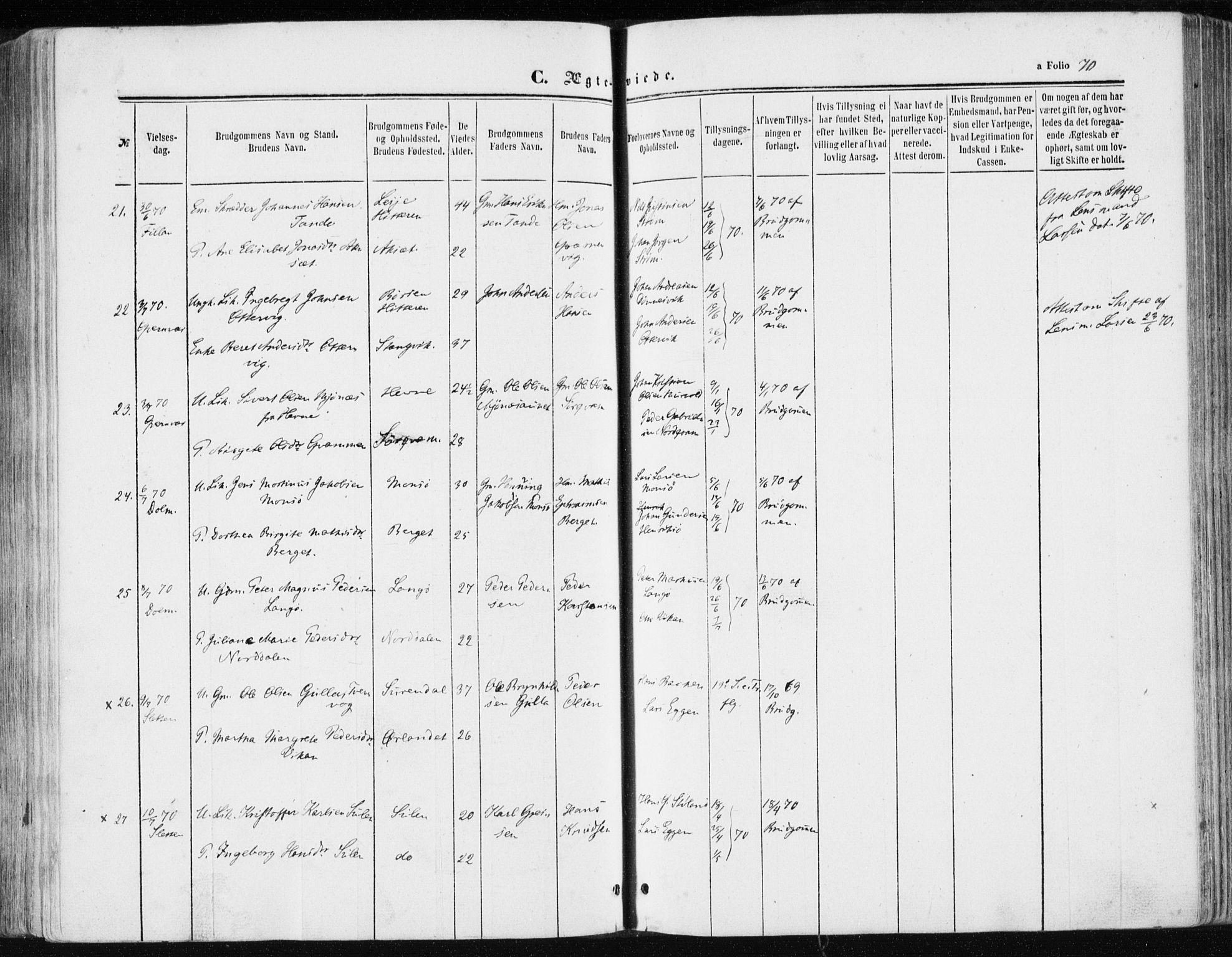 Ministerialprotokoller, klokkerbøker og fødselsregistre - Sør-Trøndelag, AV/SAT-A-1456/634/L0531: Parish register (official) no. 634A07, 1861-1870, p. 70