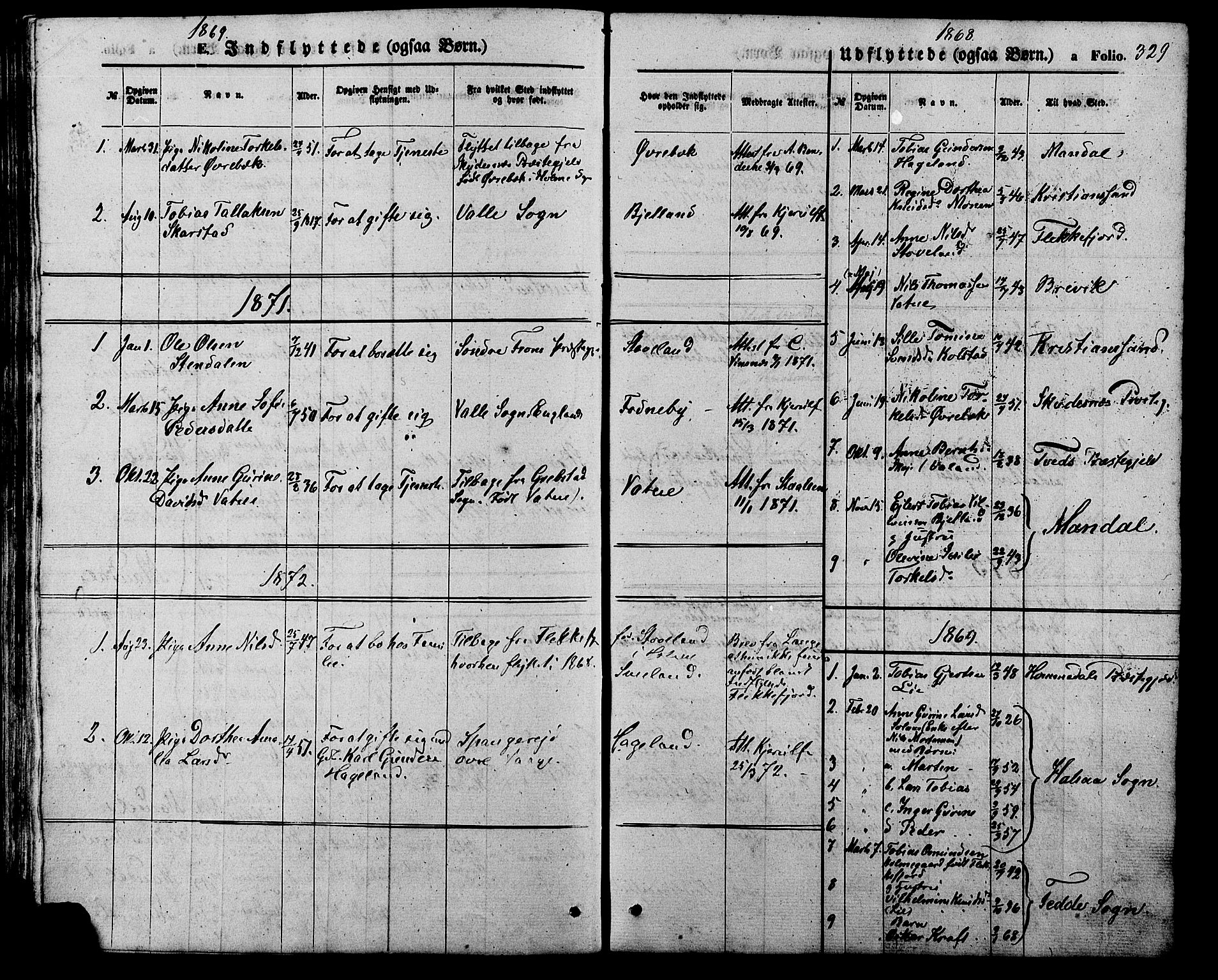 Holum sokneprestkontor, SAK/1111-0022/F/Fb/Fba/L0004: Parish register (copy) no. B 4, 1867-1890, p. 329