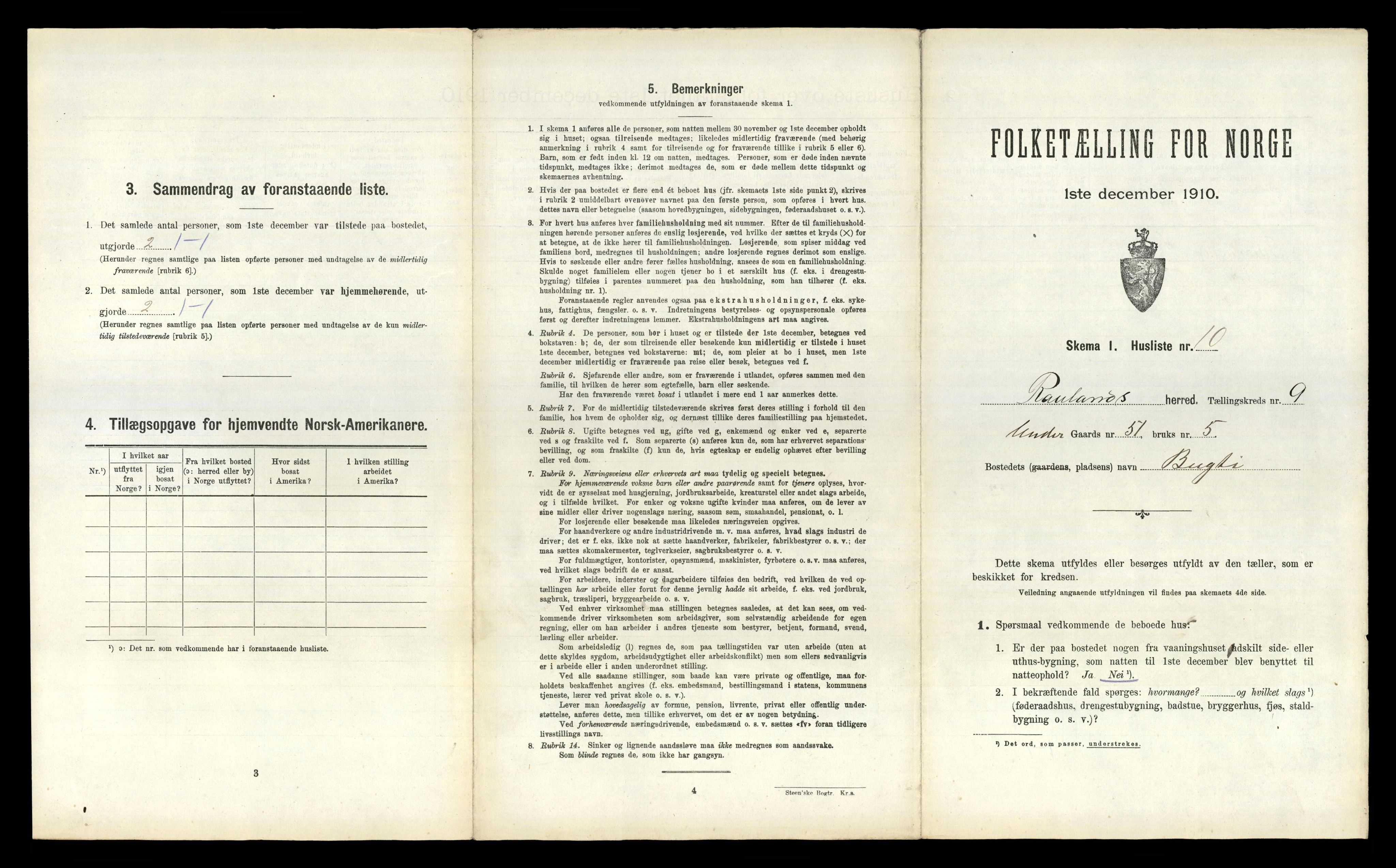 RA, 1910 census for Rauland, 1910, p. 333