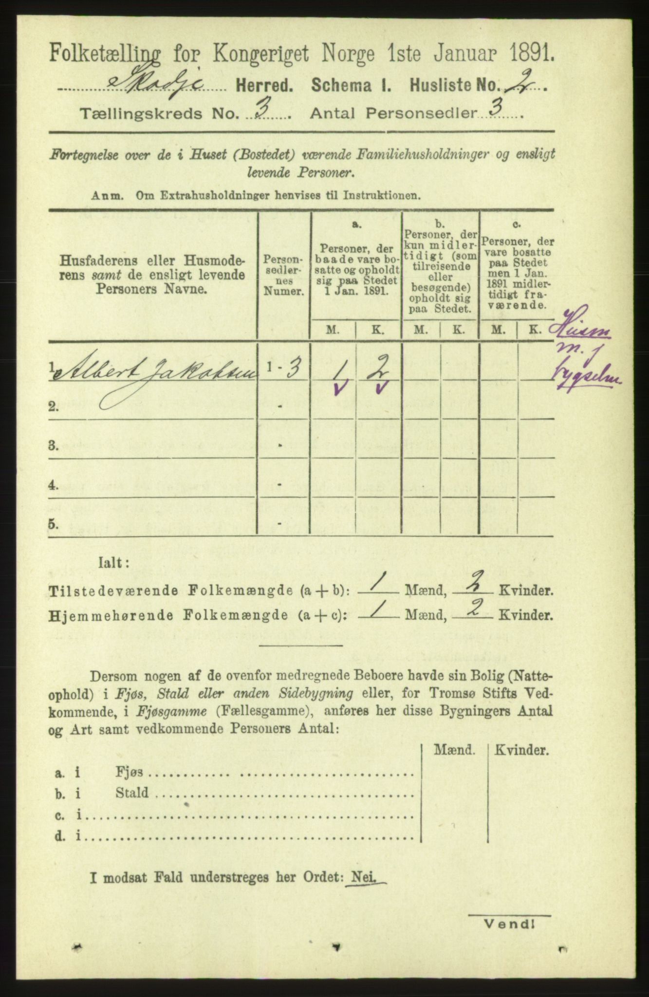 RA, 1891 census for 1529 Skodje, 1891, p. 436