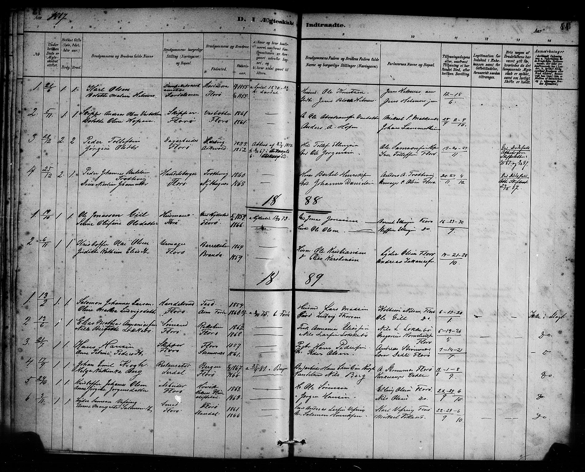 Kinn sokneprestembete, SAB/A-80801/H/Haa/Haac/L0001: Parish register (official) no. C 1, 1883-1894, p. 44