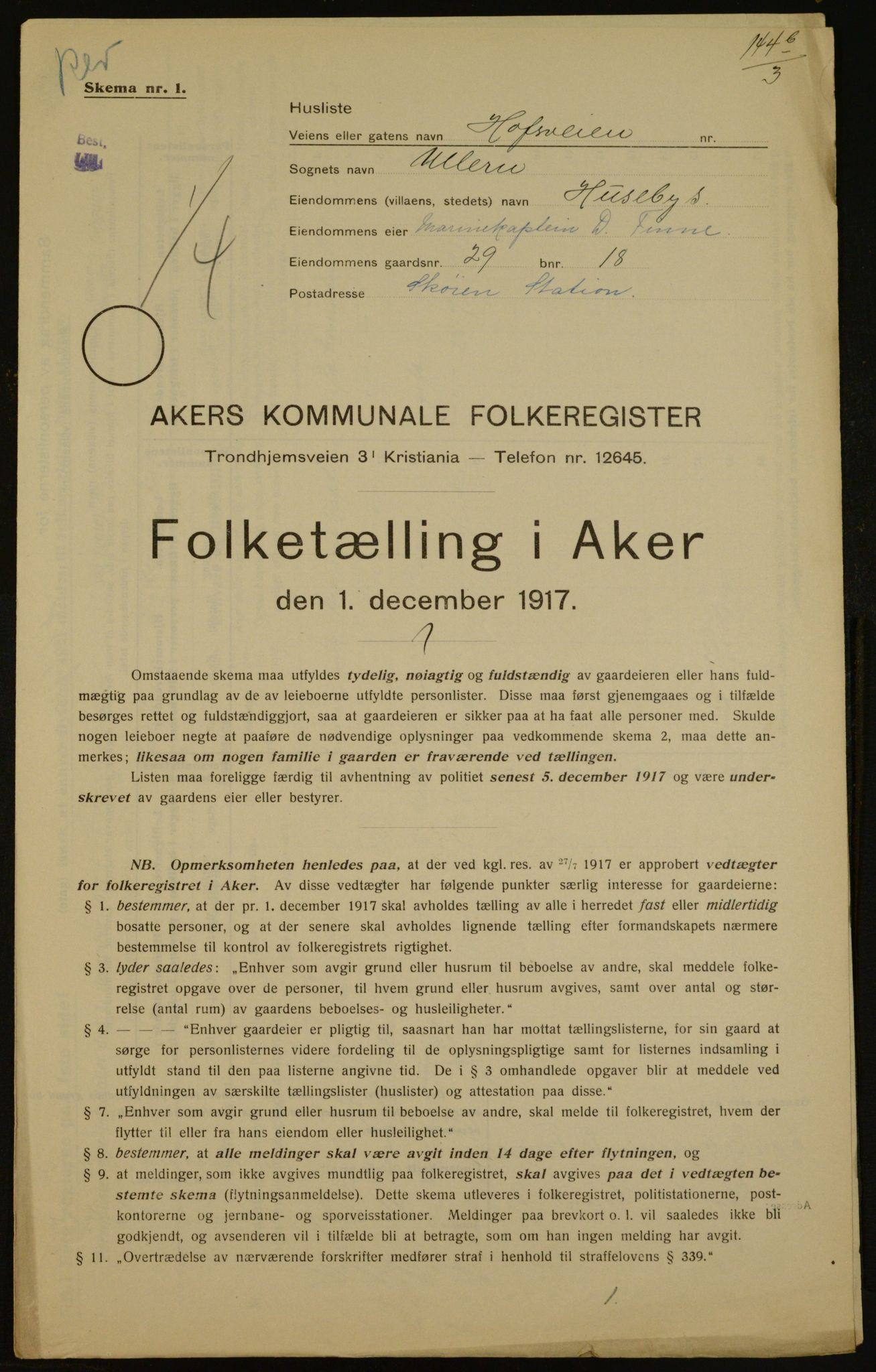 OBA, Municipal Census 1917 for Aker, 1917, p. 4297