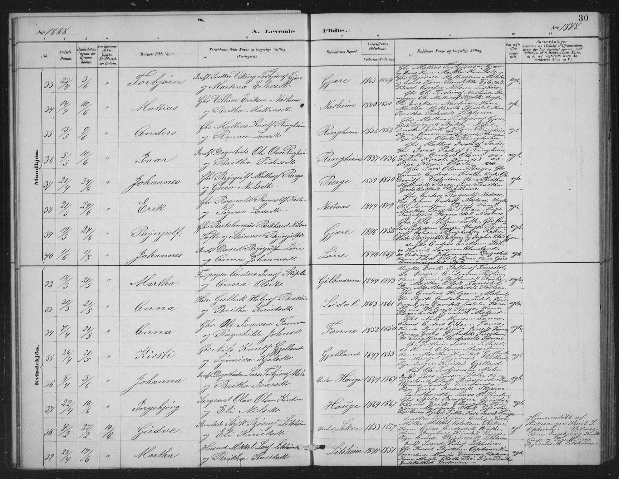 Voss sokneprestembete, AV/SAB-A-79001/H/Hab: Parish register (copy) no. C 1, 1886-1899, p. 30