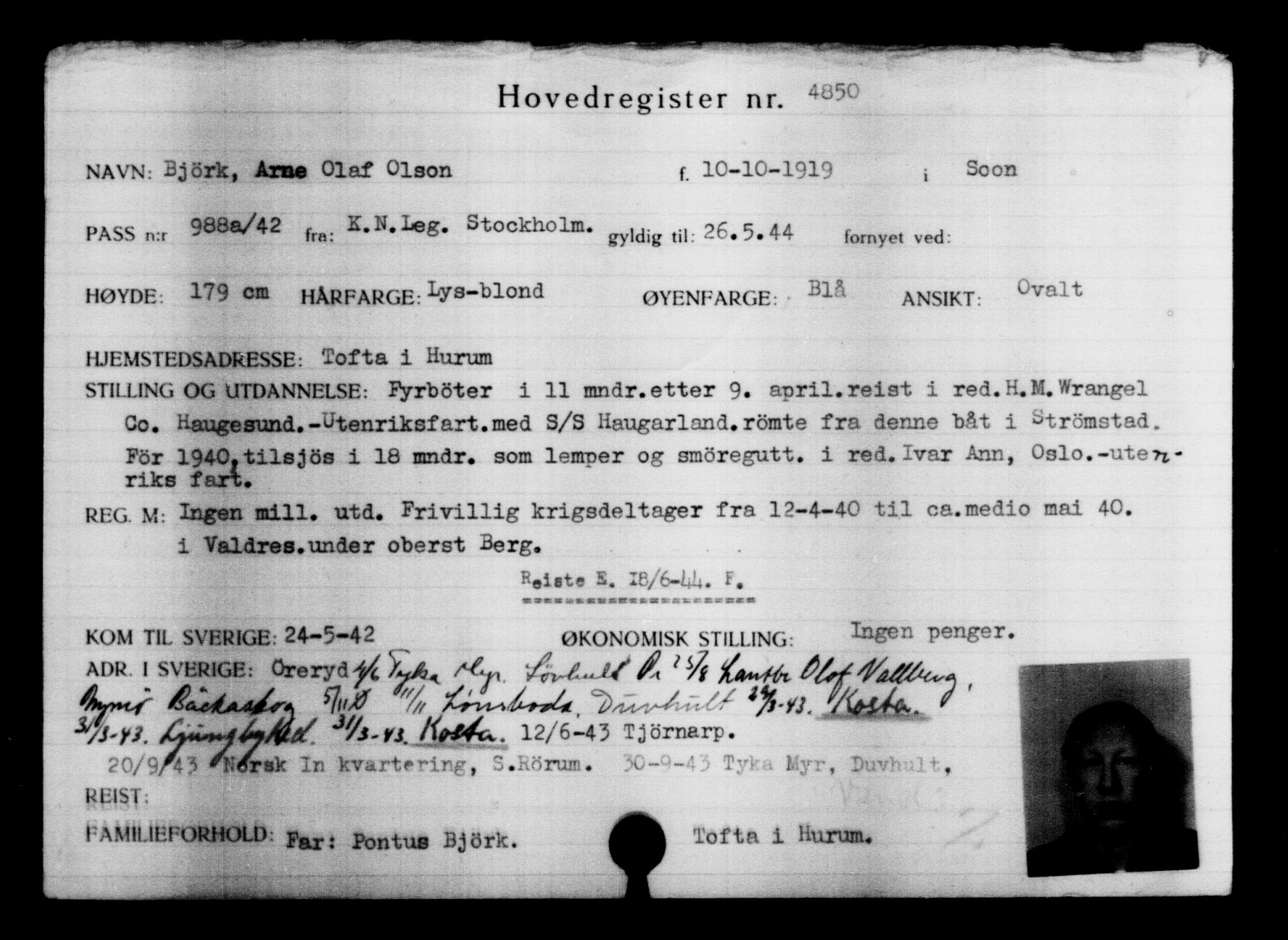 Utenriksstasjonene, Legasjonen i Stockholm, Flyktningkontoret, AV/RA-S-6753/V/Va/L0004: Kjesäterkartoteket, flyktninger med registreringsnr. 3496-6610, 1940-1945, p. 1608