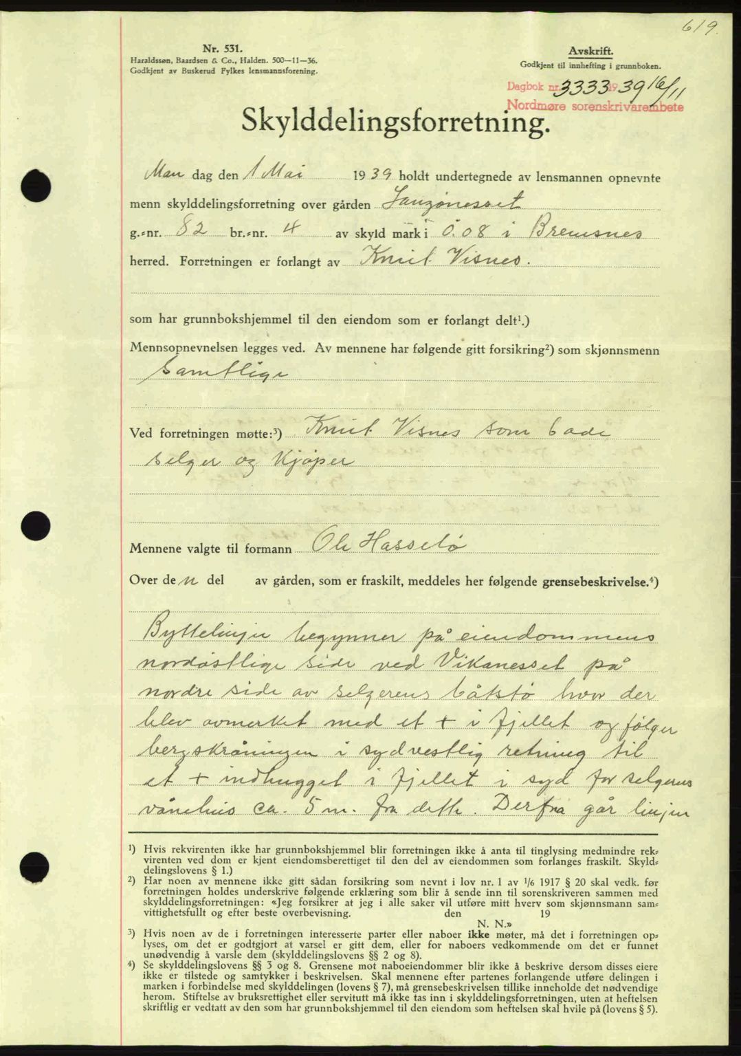 Nordmøre sorenskriveri, AV/SAT-A-4132/1/2/2Ca: Mortgage book no. A87, 1939-1940, Diary no: : 3333/1939