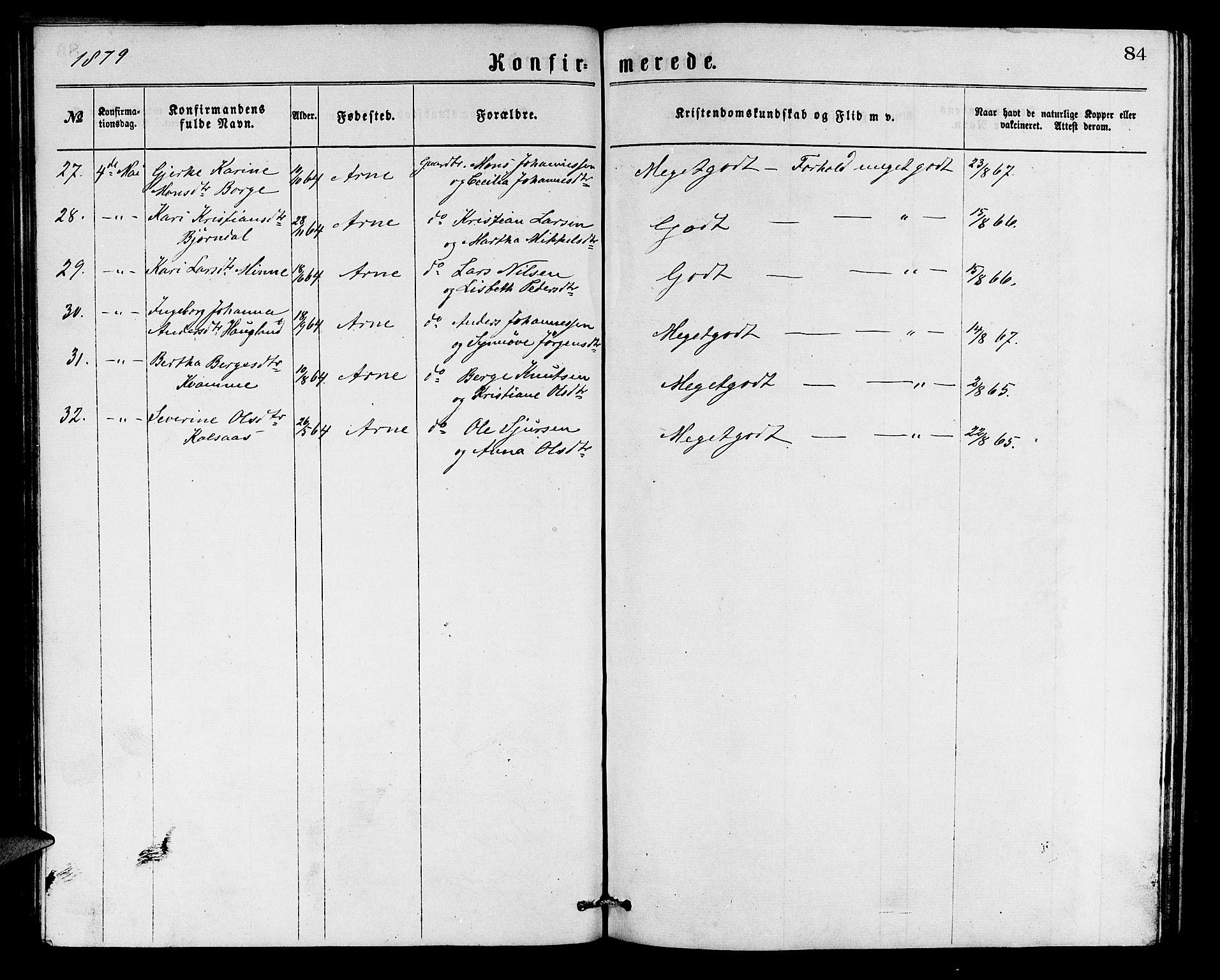 Arna sokneprestembete, AV/SAB-A-74001/H/Ha/Hab: Parish register (copy) no. A 1, 1869-1879, p. 84