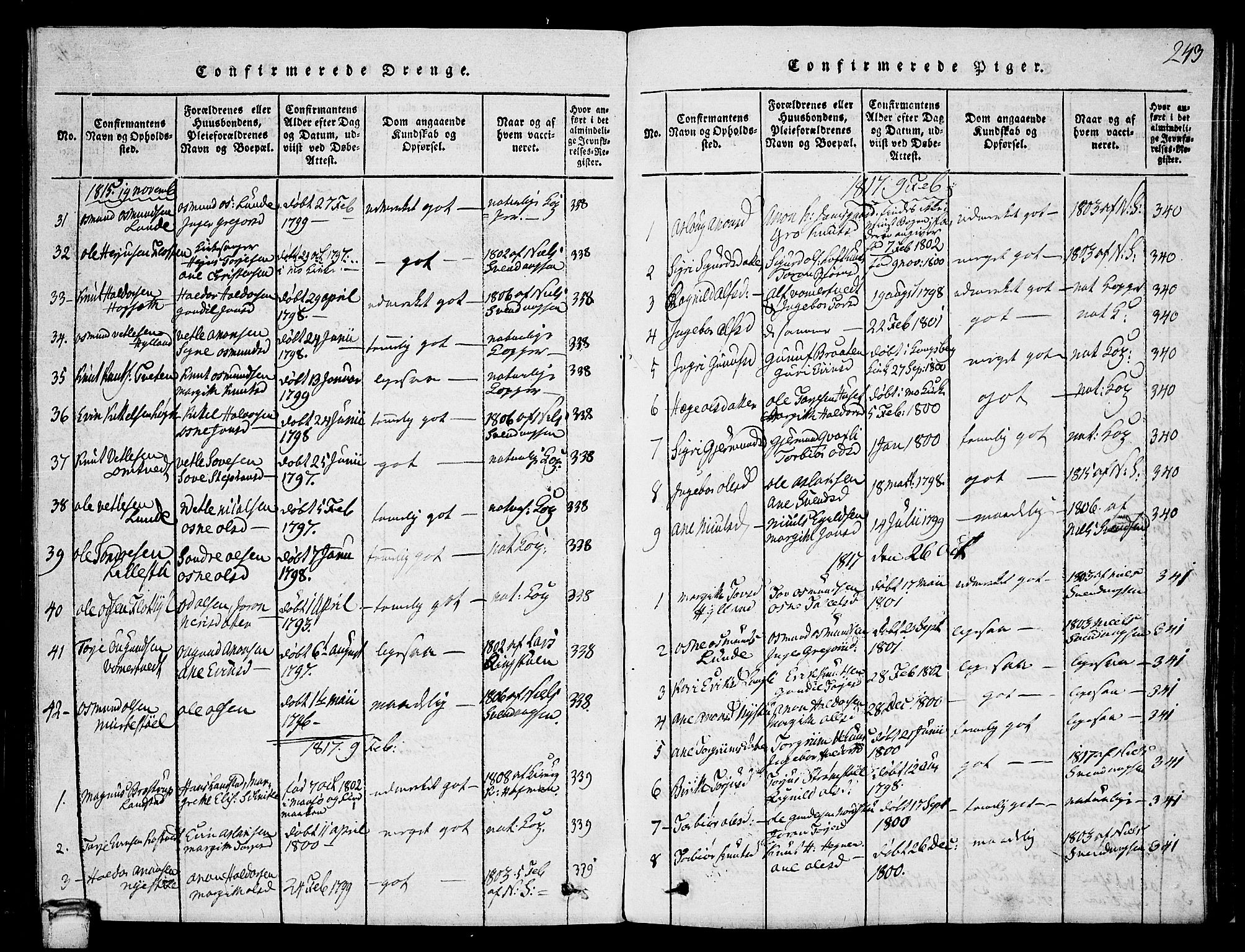 Vinje kirkebøker, SAKO/A-312/G/Ga/L0001: Parish register (copy) no. I 1, 1814-1843, p. 243