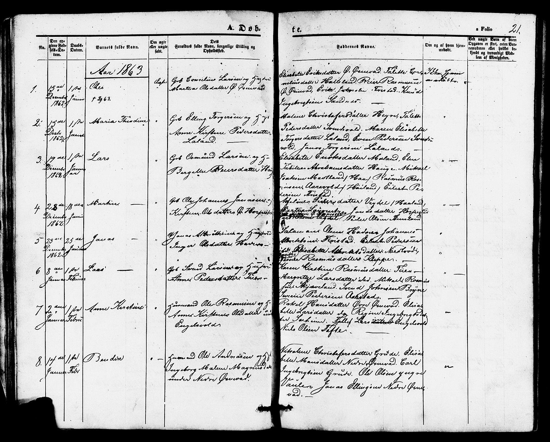 Klepp sokneprestkontor, SAST/A-101803/001/3/30BB/L0002: Parish register (copy) no. B 2, 1860-1875, p. 21