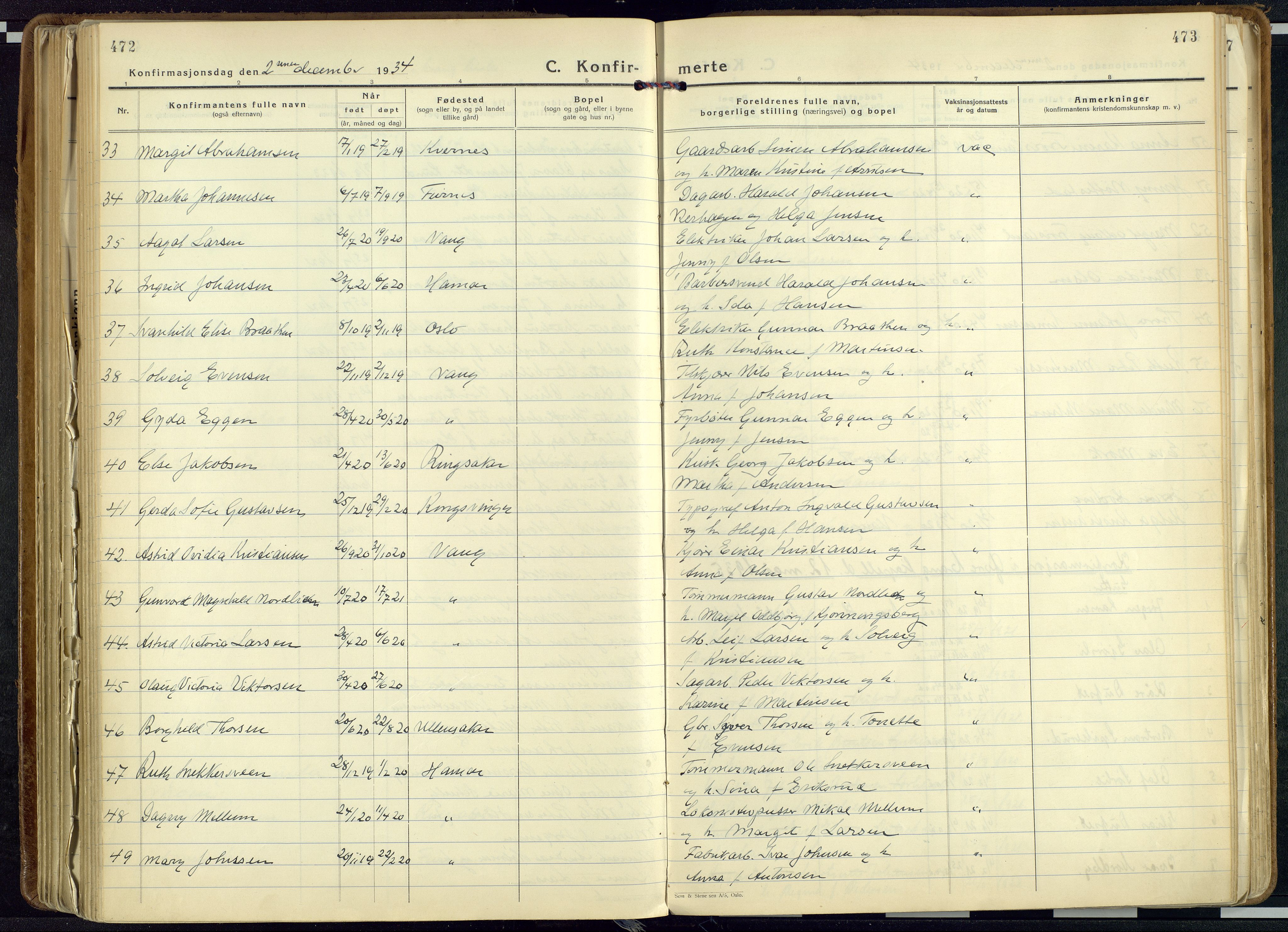 Vang prestekontor, Hedmark, SAH/PREST-008/H/Ha/Haa/L0023: Parish register (official) no. 23, 1932-1957, p. 472-473