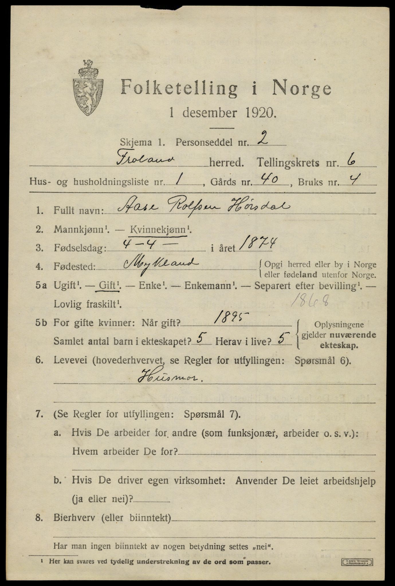 SAK, 1920 census for Froland, 1920, p. 4039