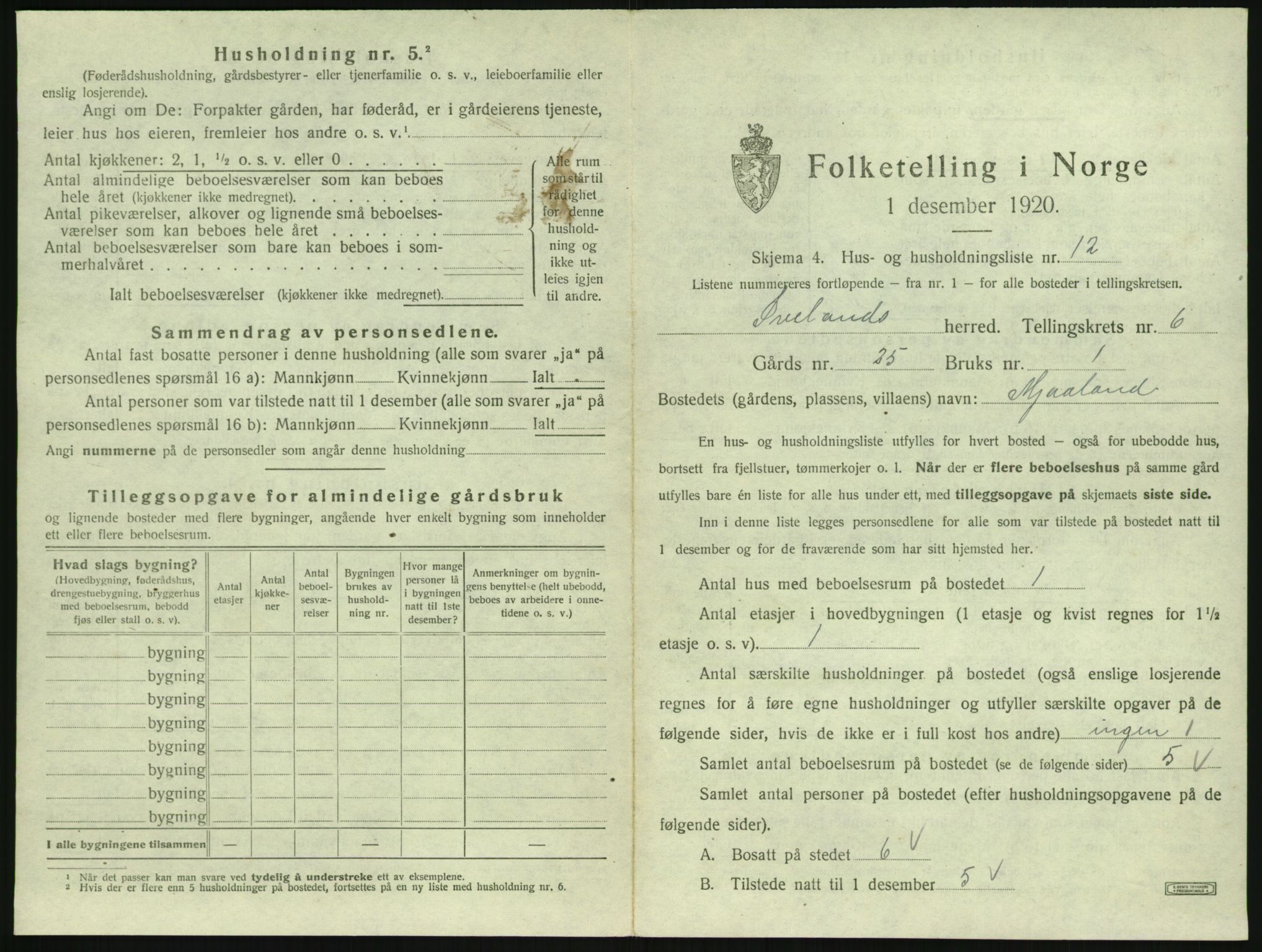 SAK, 1920 census for Iveland, 1920, p. 325