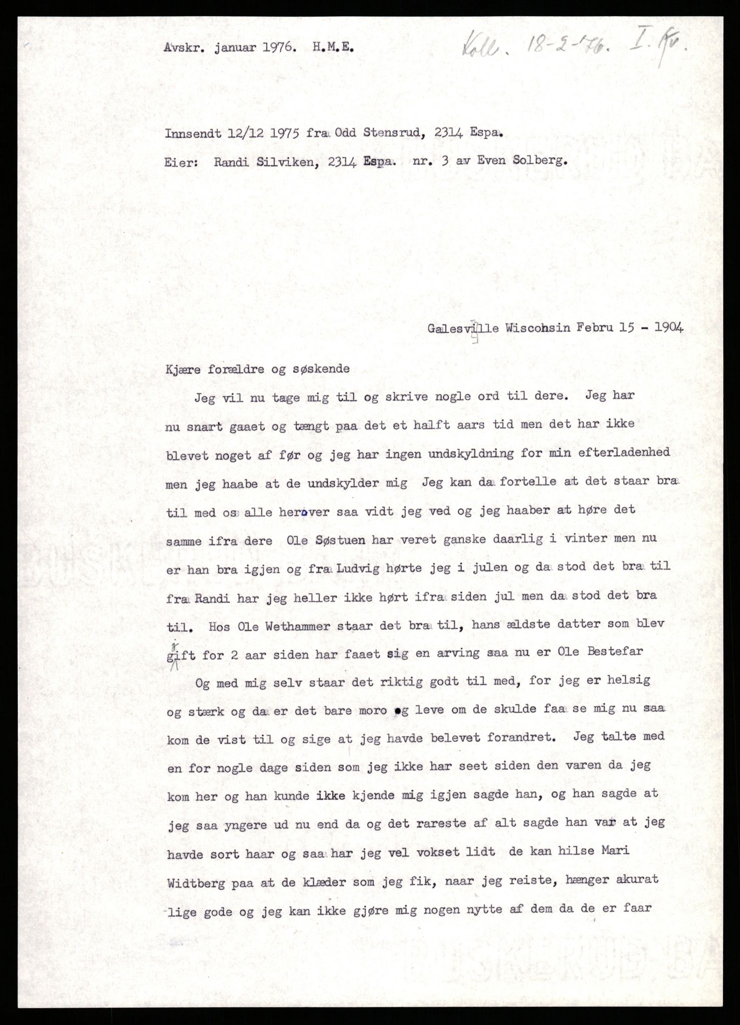 Samlinger til kildeutgivelse, Amerikabrevene, AV/RA-EA-4057/F/L0009: Innlån fra Hedmark: Statsarkivet i Hamar - Wærenskjold, 1838-1914, p. 189