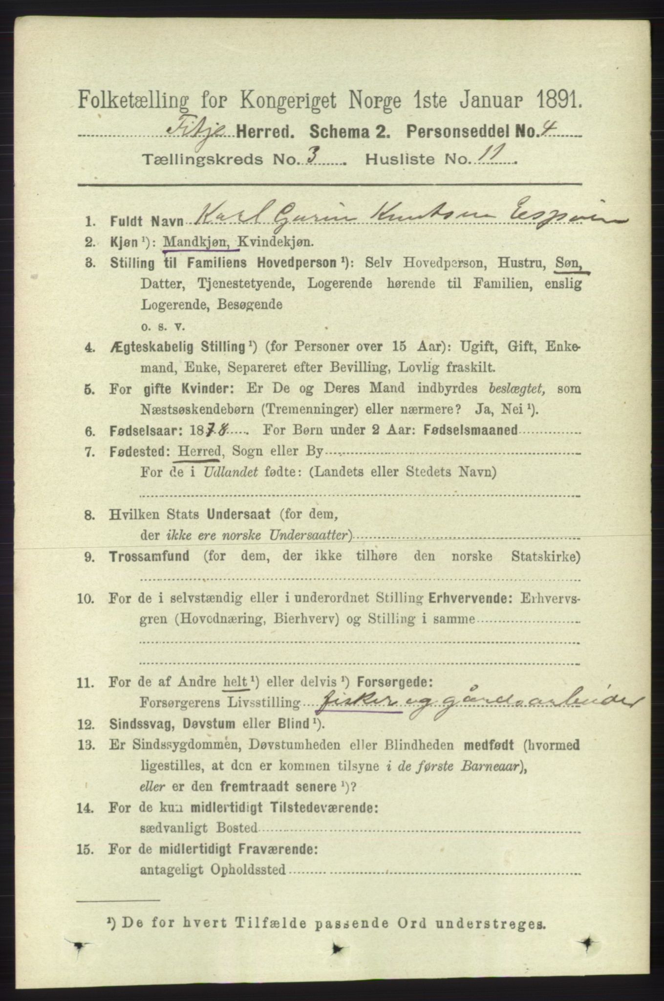 RA, 1891 census for 1222 Fitjar, 1891, p. 1069