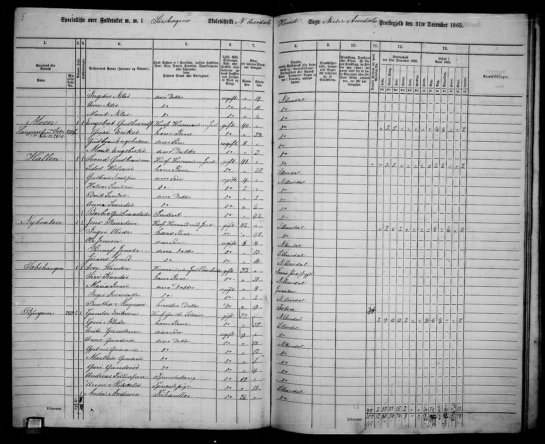 RA, 1865 census for Nord-Aurdal, 1865, p. 199