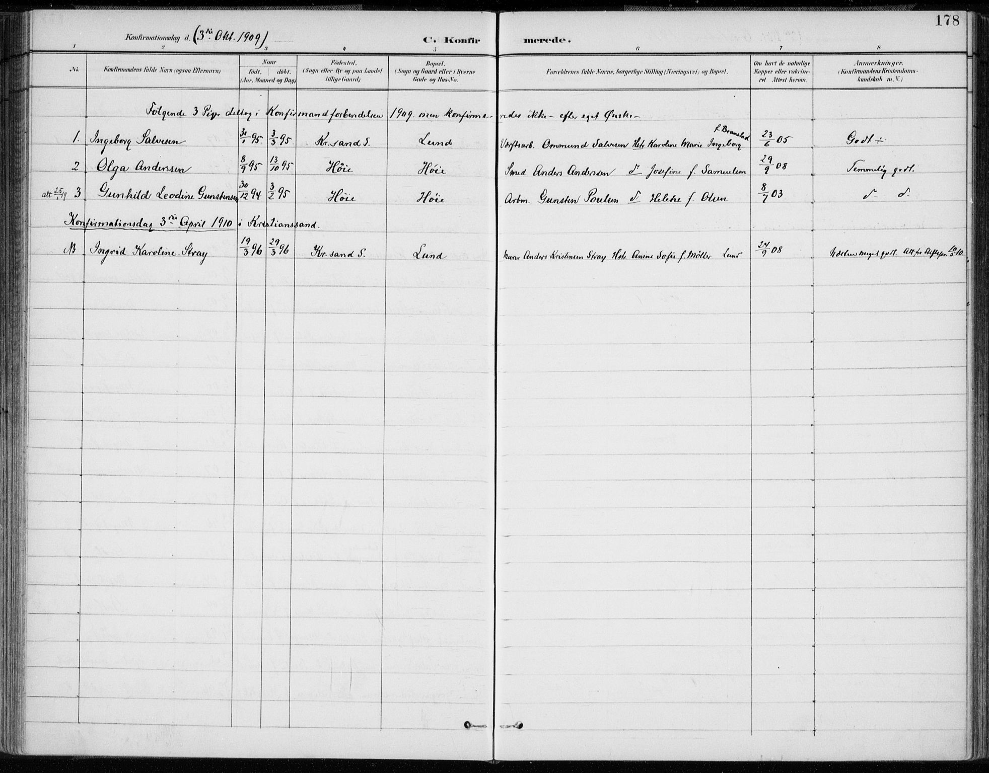 Oddernes sokneprestkontor, AV/SAK-1111-0033/F/Fa/Faa/L0010: Parish register (official) no. A 10, 1897-1911, p. 178