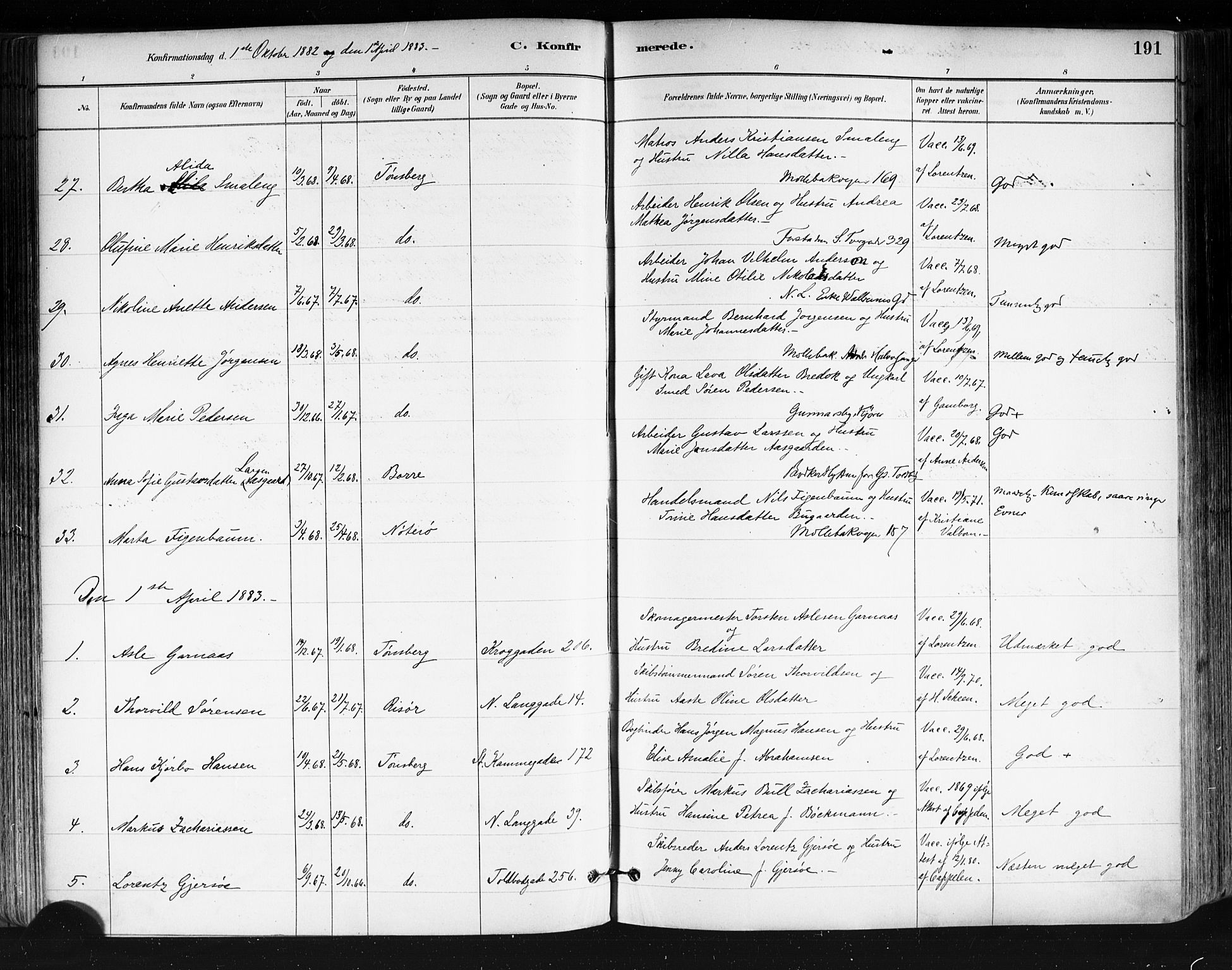 Tønsberg kirkebøker, AV/SAKO-A-330/F/Fa/L0011: Parish register (official) no. I 11, 1881-1890, p. 191