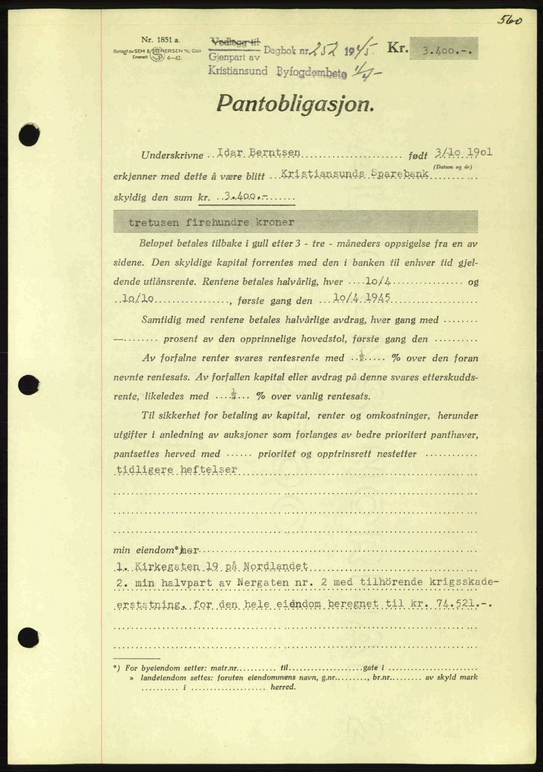 Kristiansund byfogd, SAT/A-4587/A/27: Mortgage book no. 37-38, 1943-1945, Diary no: : 252/1945