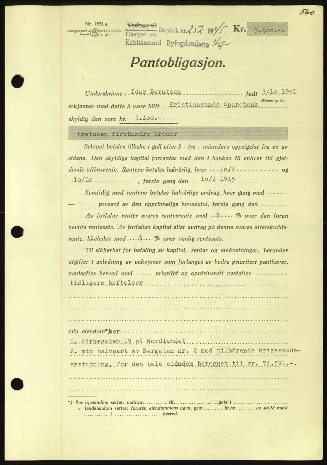 Kristiansund byfogd, AV/SAT-A-4587/A/27: Mortgage book no. 37-38, 1943-1945, Diary no: : 252/1945