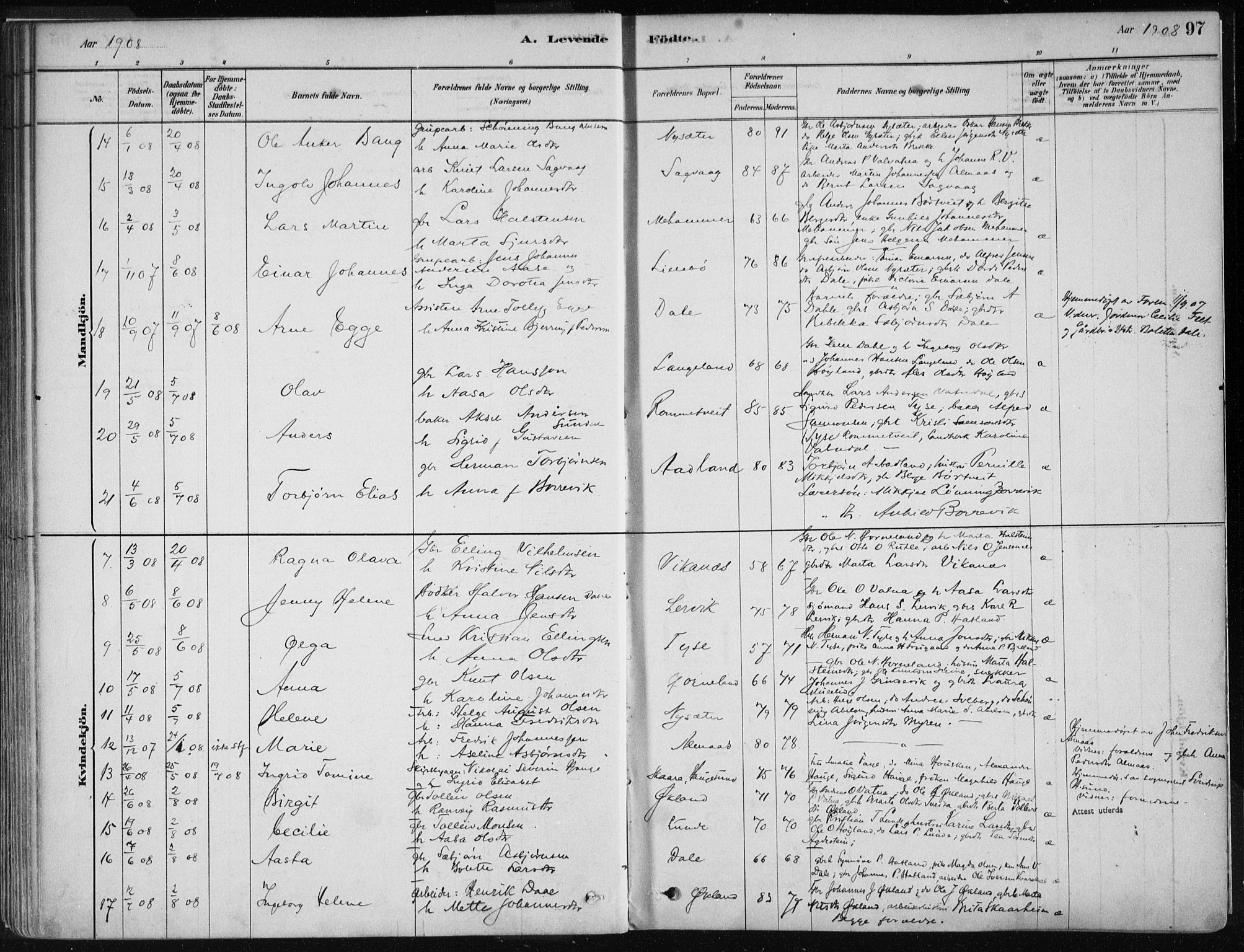 Stord sokneprestembete, AV/SAB-A-78201/H/Haa: Parish register (official) no. B 2, 1878-1913, p. 97