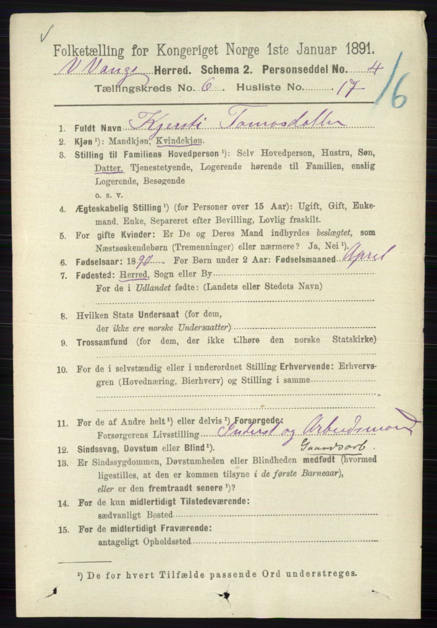 RA, 1891 census for 0545 Vang, 1891, p. 1360