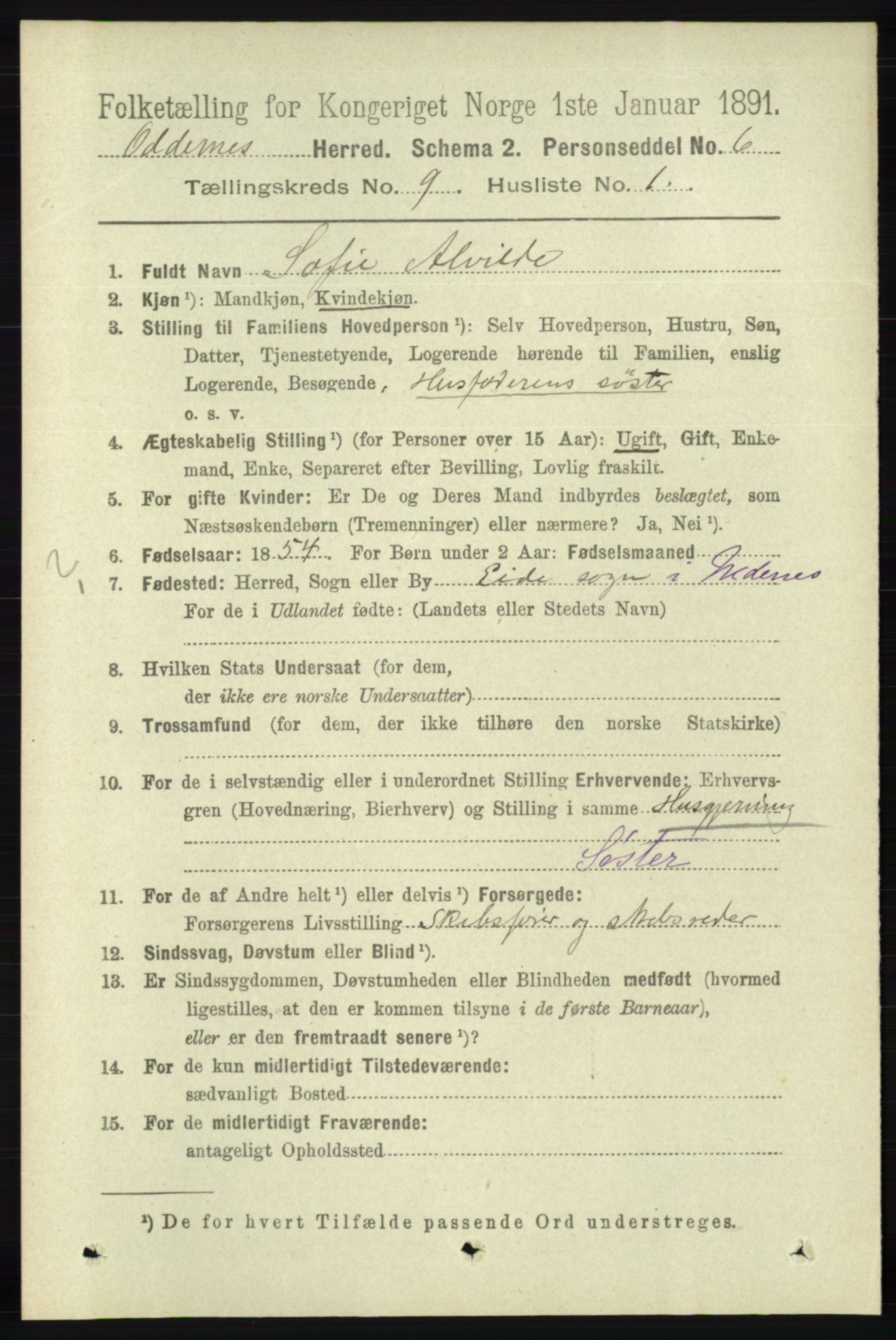 RA, 1891 census for 1012 Oddernes, 1891, p. 3266