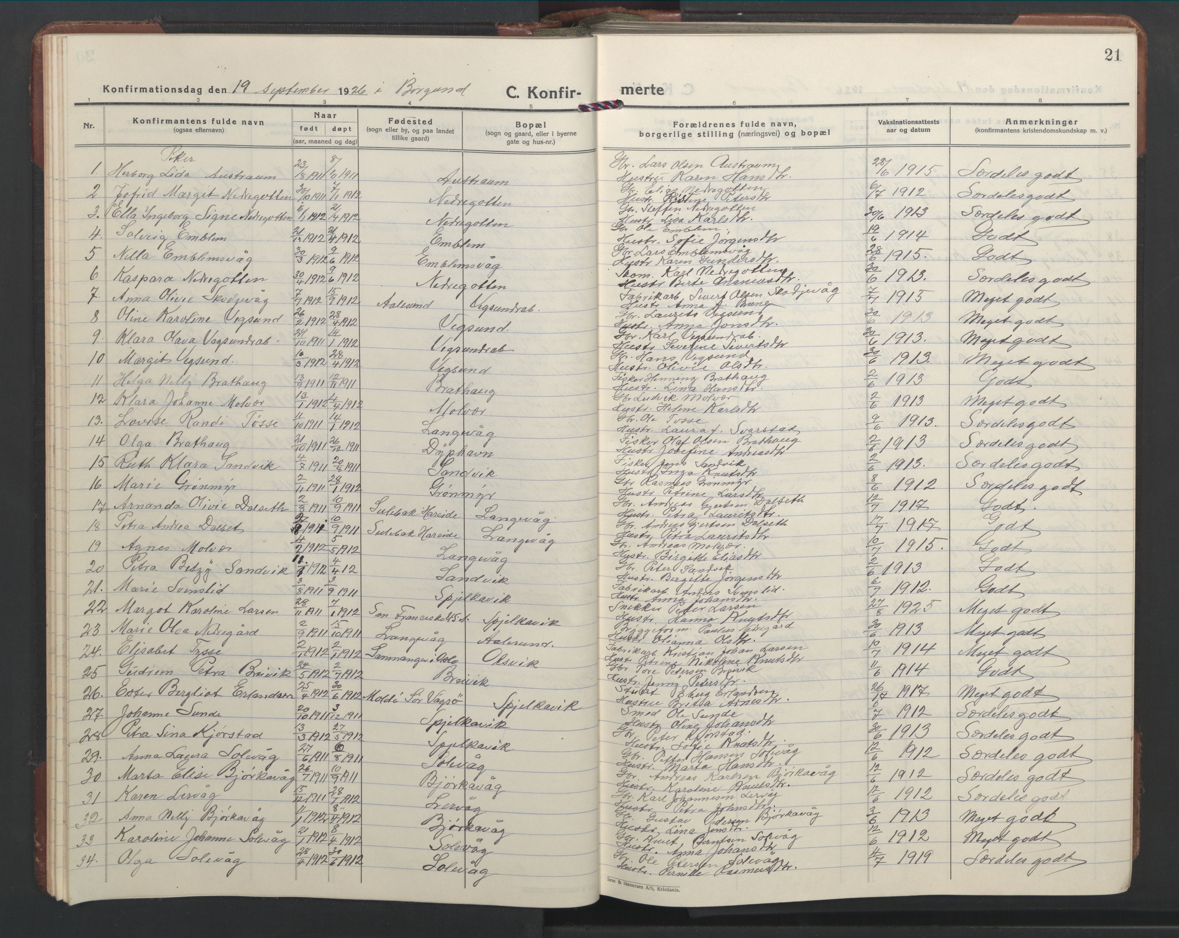 Ministerialprotokoller, klokkerbøker og fødselsregistre - Møre og Romsdal, AV/SAT-A-1454/528/L0435: Parish register (copy) no. 528C16, 1923-1957, p. 21