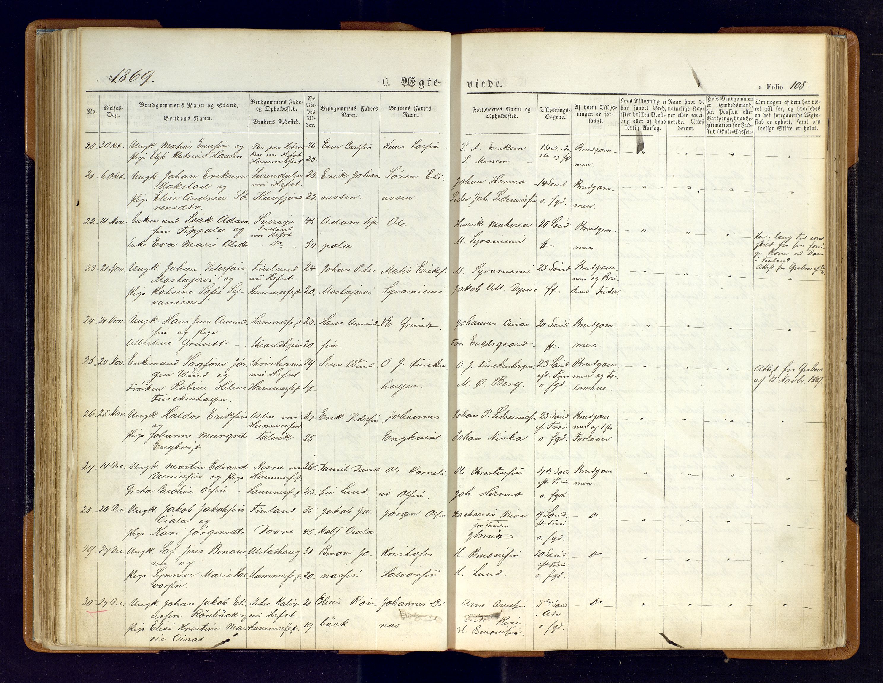 Hammerfest sokneprestkontor, AV/SATØ-S-1347/H/Ha/L0006.kirke: Parish register (official) no. 6, 1869-1877, p. 108