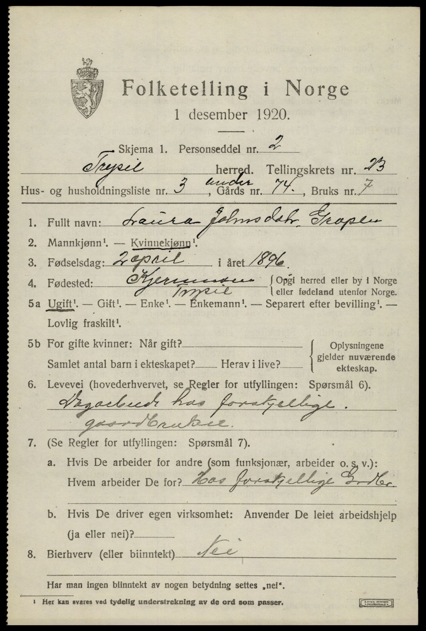 SAH, 1920 census for Trysil, 1920, p. 14867