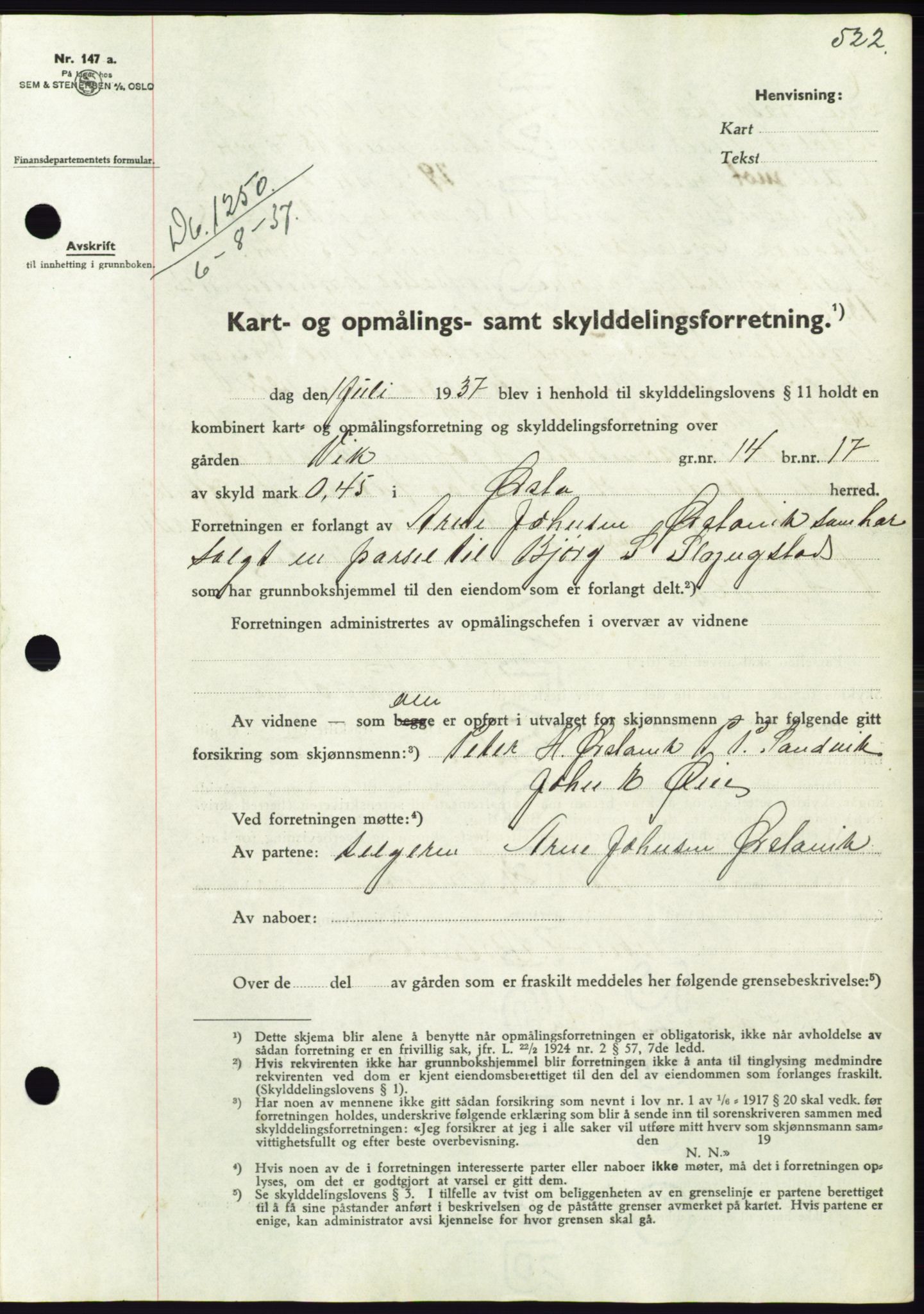 Søre Sunnmøre sorenskriveri, AV/SAT-A-4122/1/2/2C/L0063: Mortgage book no. 57, 1937-1937, Diary no: : 1250/1937