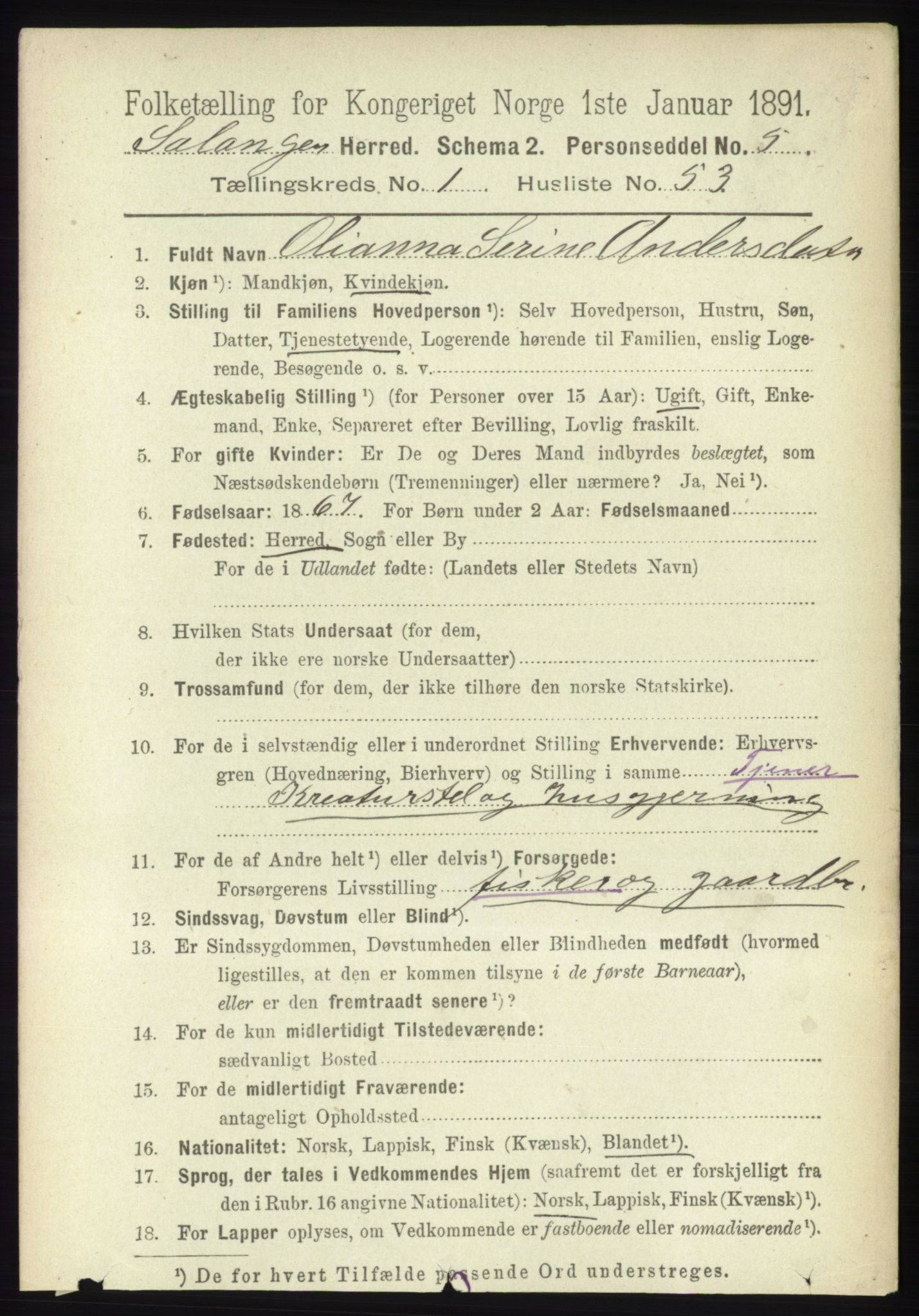 RA, 1891 census for 1921 Salangen, 1891, p. 455