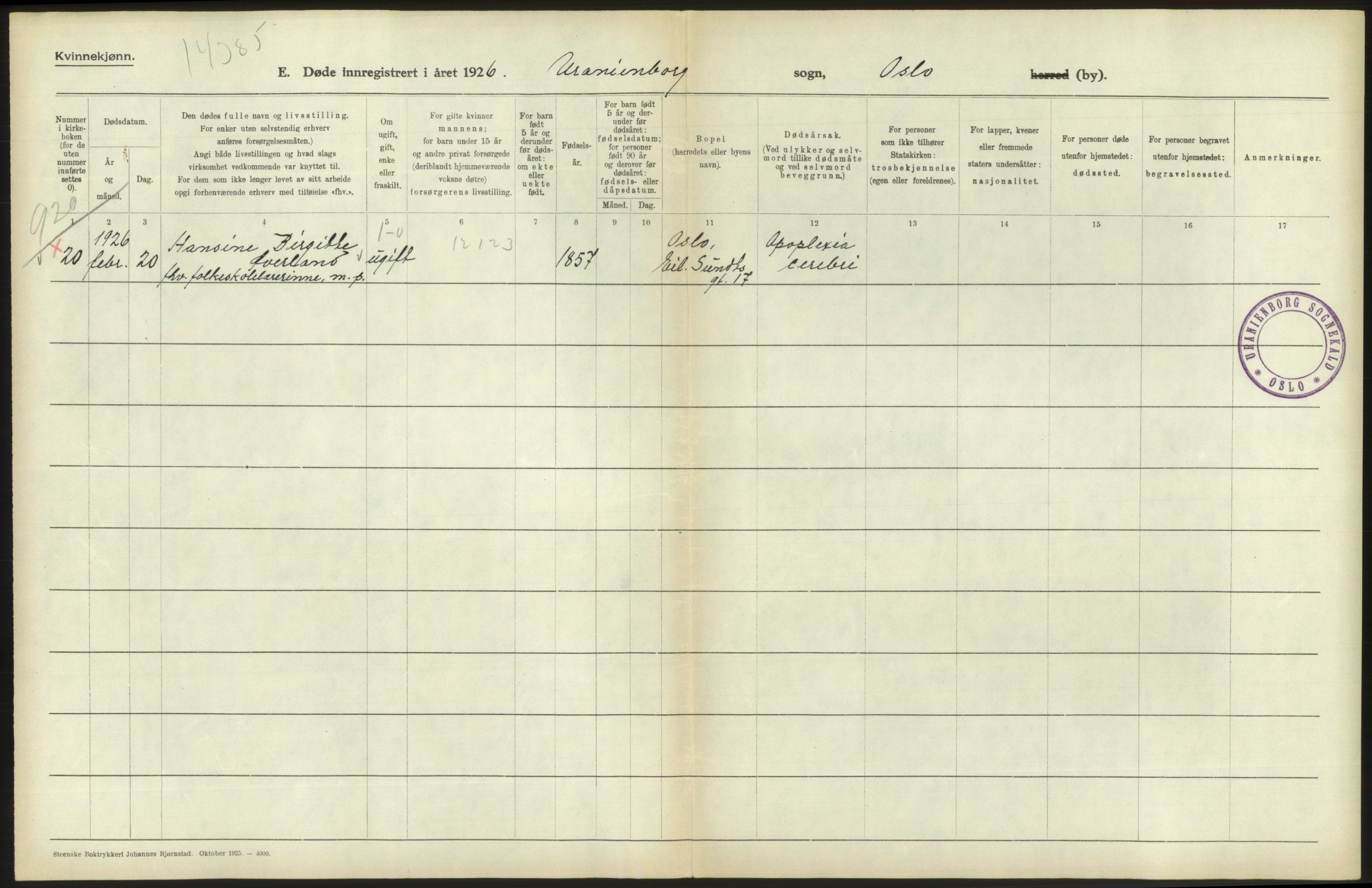 Statistisk sentralbyrå, Sosiodemografiske emner, Befolkning, AV/RA-S-2228/D/Df/Dfc/Dfcf/L0010: Oslo: Døde kvinner, dødfødte, 1926, p. 138