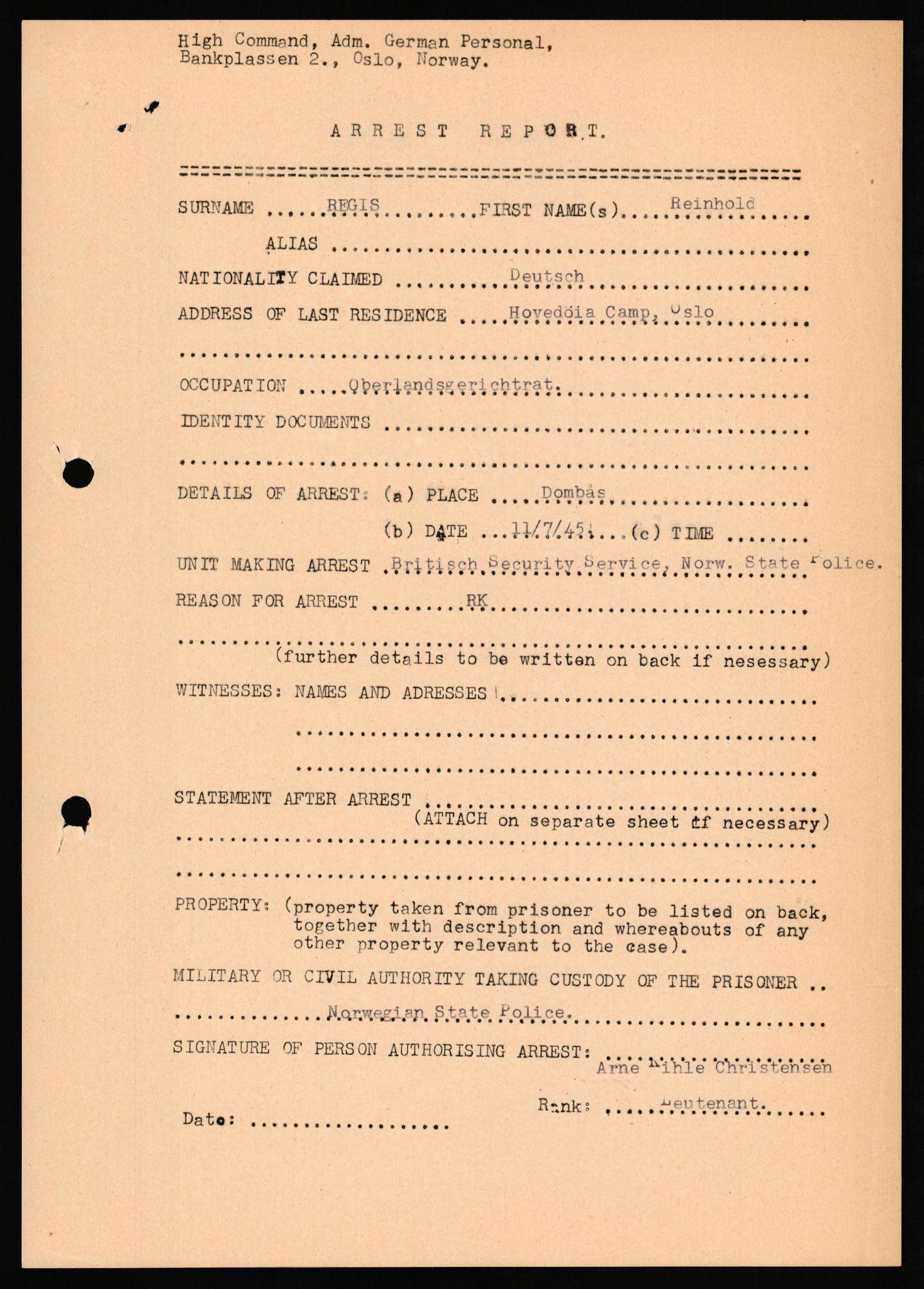 Forsvaret, Forsvarets overkommando II, RA/RAFA-3915/D/Db/L0027: CI Questionaires. Tyske okkupasjonsstyrker i Norge. Tyskere., 1945-1946, p. 98