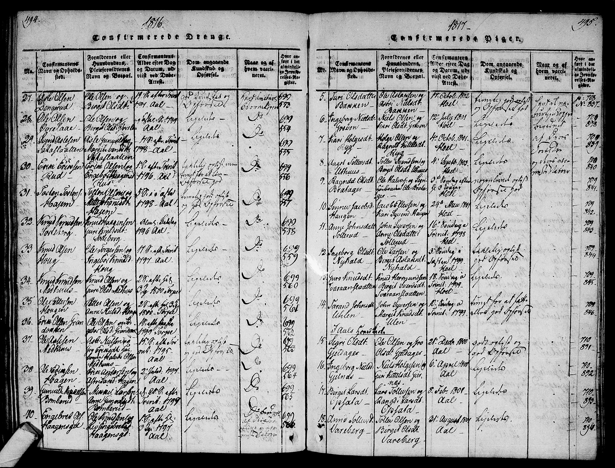 Ål kirkebøker, AV/SAKO-A-249/F/Fa/L0004: Parish register (official) no. I 4, 1815-1825, p. 494-495