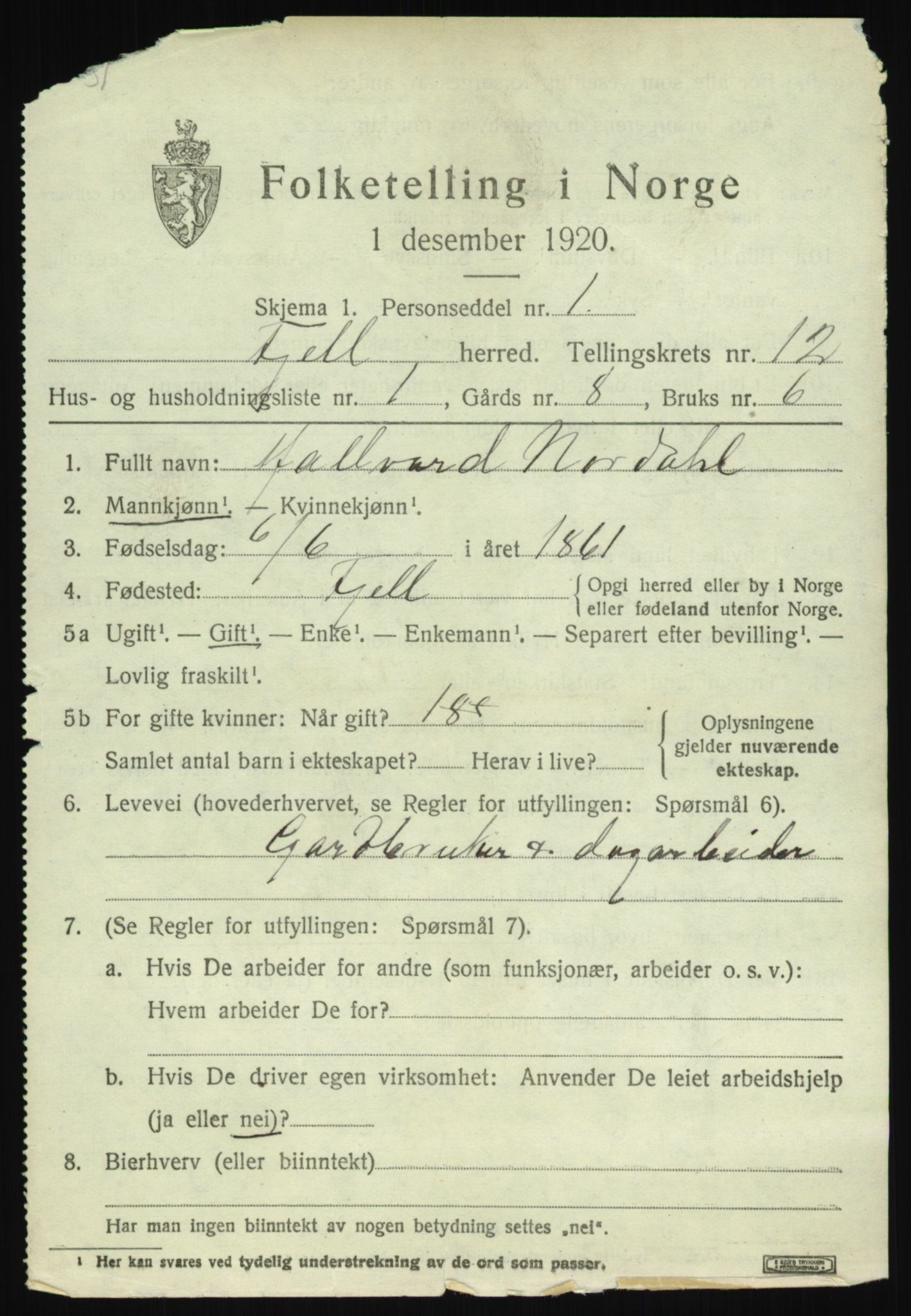 SAB, 1920 census for Fjell, 1920, p. 10620