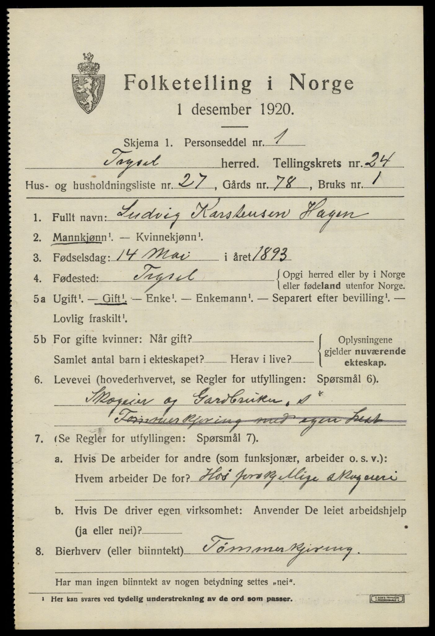 SAH, 1920 census for Trysil, 1920, p. 15541