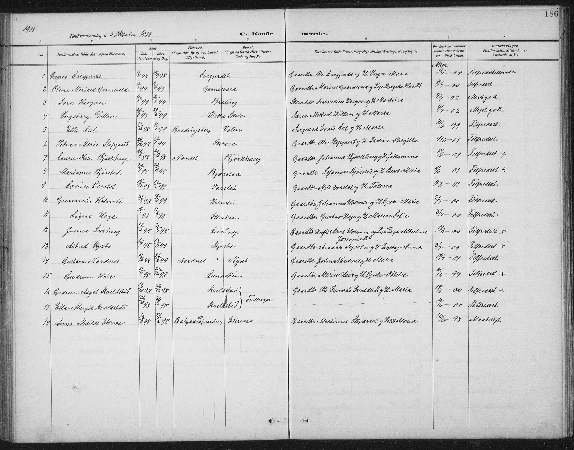 Ministerialprotokoller, klokkerbøker og fødselsregistre - Nord-Trøndelag, AV/SAT-A-1458/724/L0269: Parish register (copy) no. 724C05, 1899-1920, p. 186