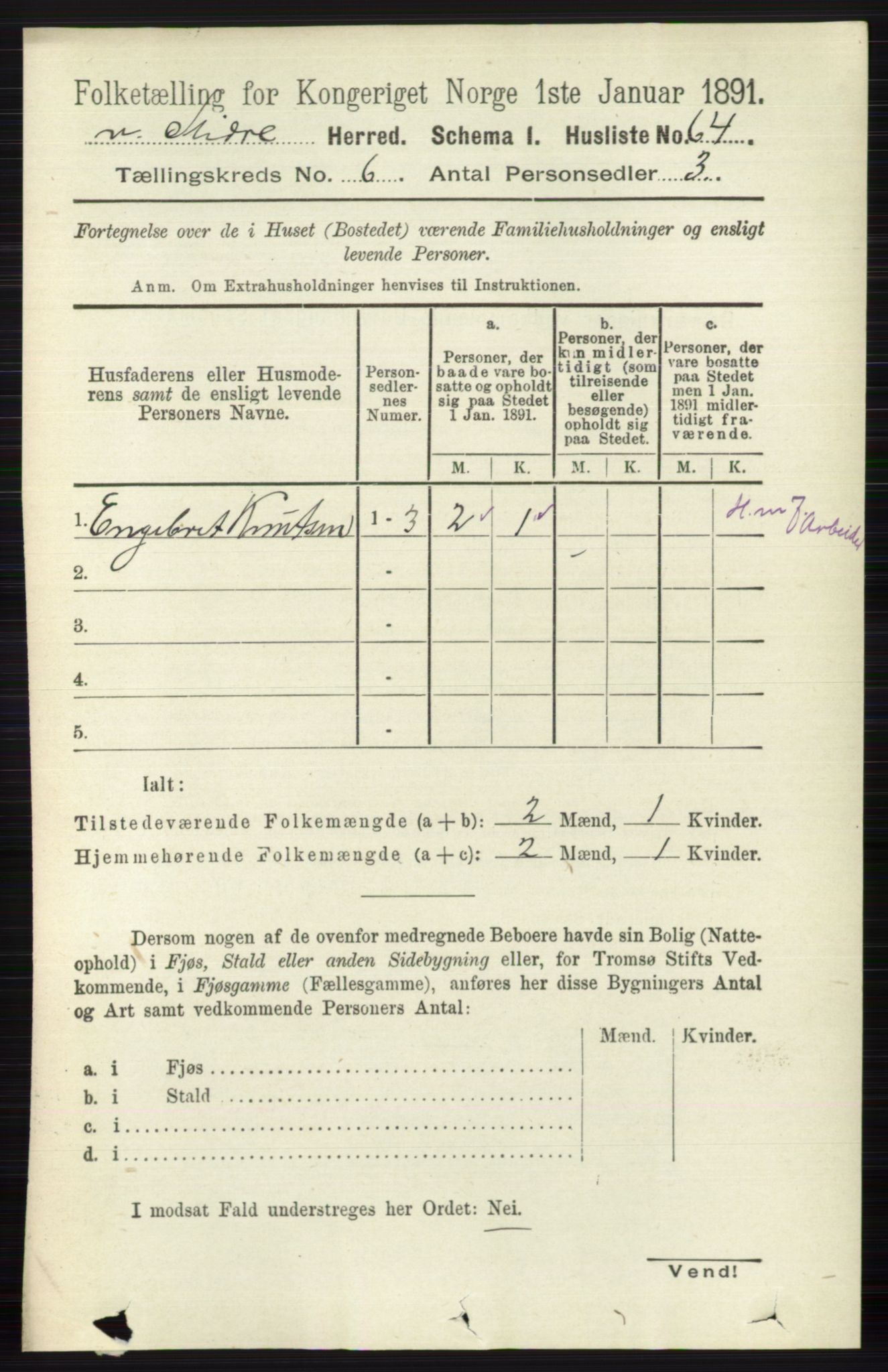 RA, 1891 census for 0543 Vestre Slidre, 1891, p. 2053