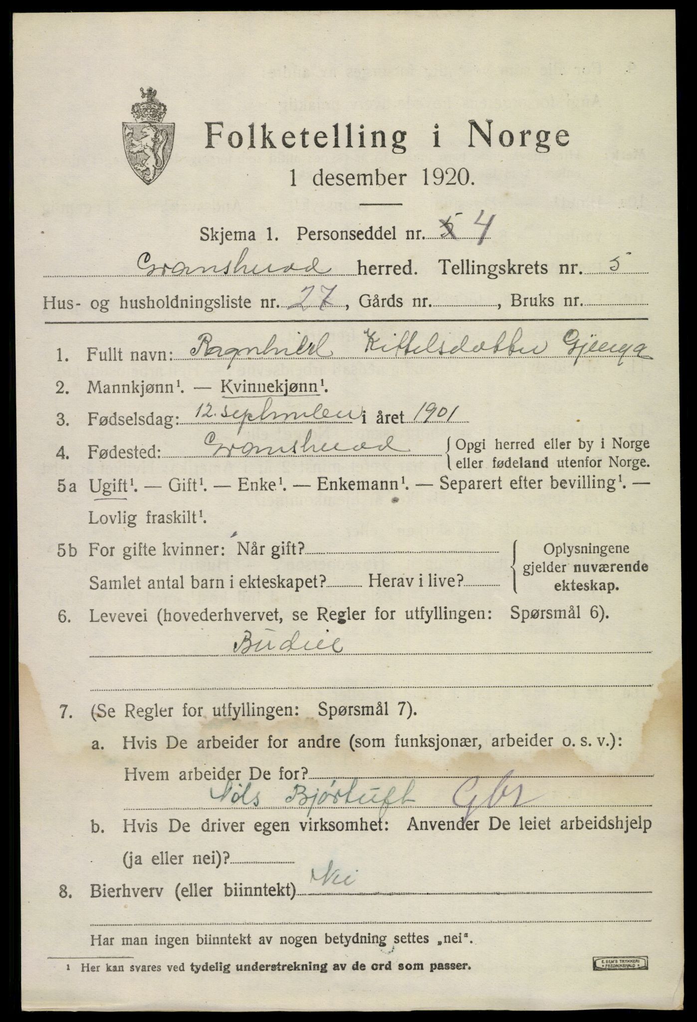 SAKO, 1920 census for Gransherad, 1920, p. 2300