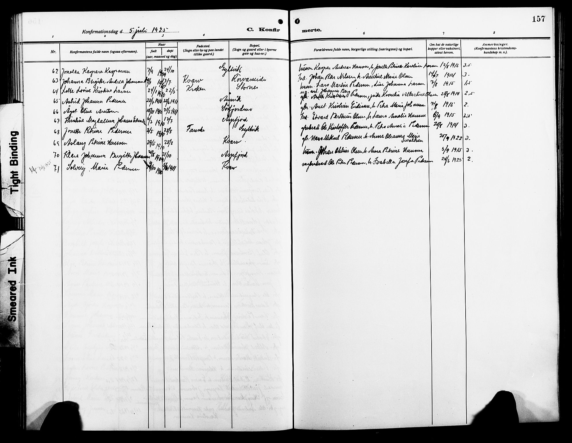 Ministerialprotokoller, klokkerbøker og fødselsregistre - Nordland, AV/SAT-A-1459/854/L0787: Parish register (copy) no. 854C03, 1913-1926, p. 157