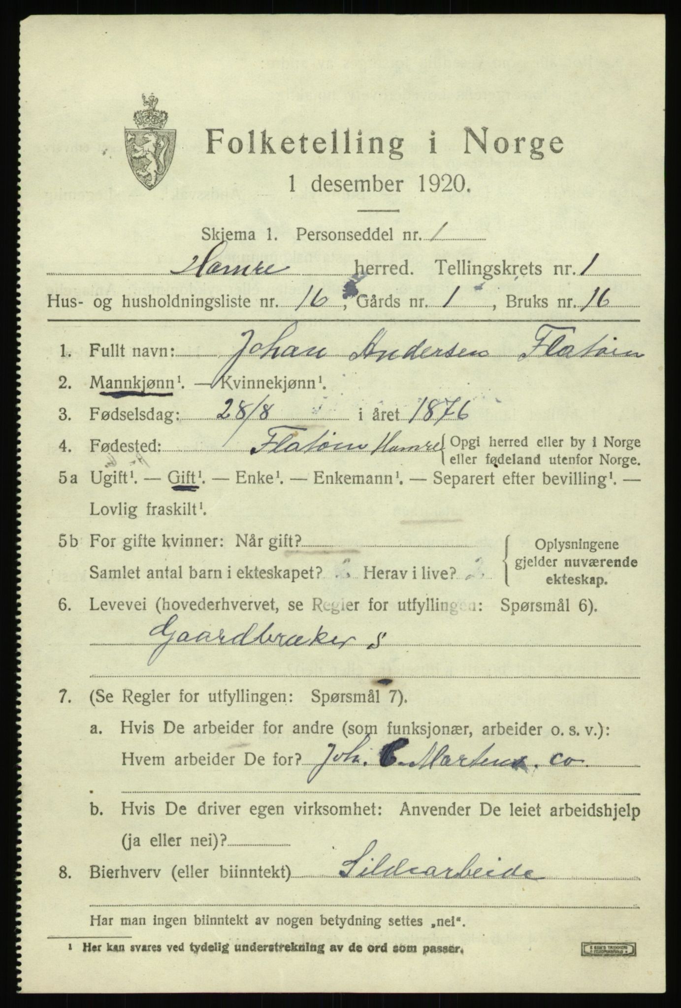 SAB, 1920 census for Hamre, 1920, p. 1179