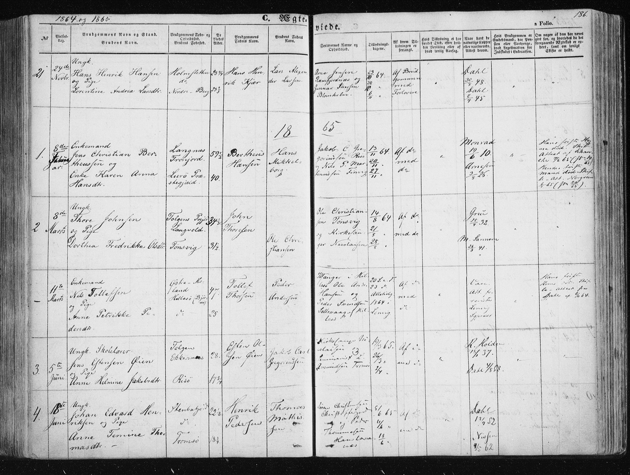 Tromsøysund sokneprestkontor, SATØ/S-1304/G/Ga/L0001kirke: Parish register (official) no. 1, 1856-1867, p. 186