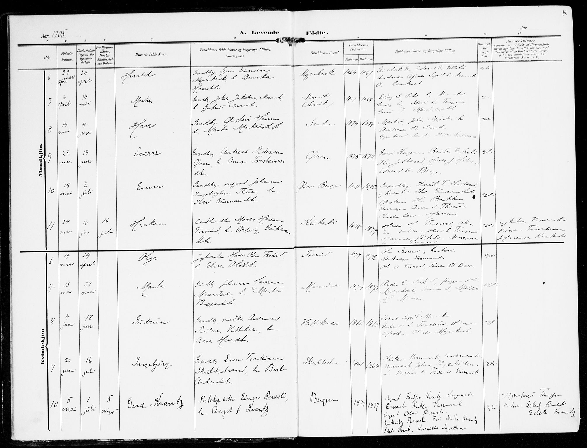 Lavik sokneprestembete, AV/SAB-A-80901: Parish register (official) no. C 2, 1904-1921, p. 8